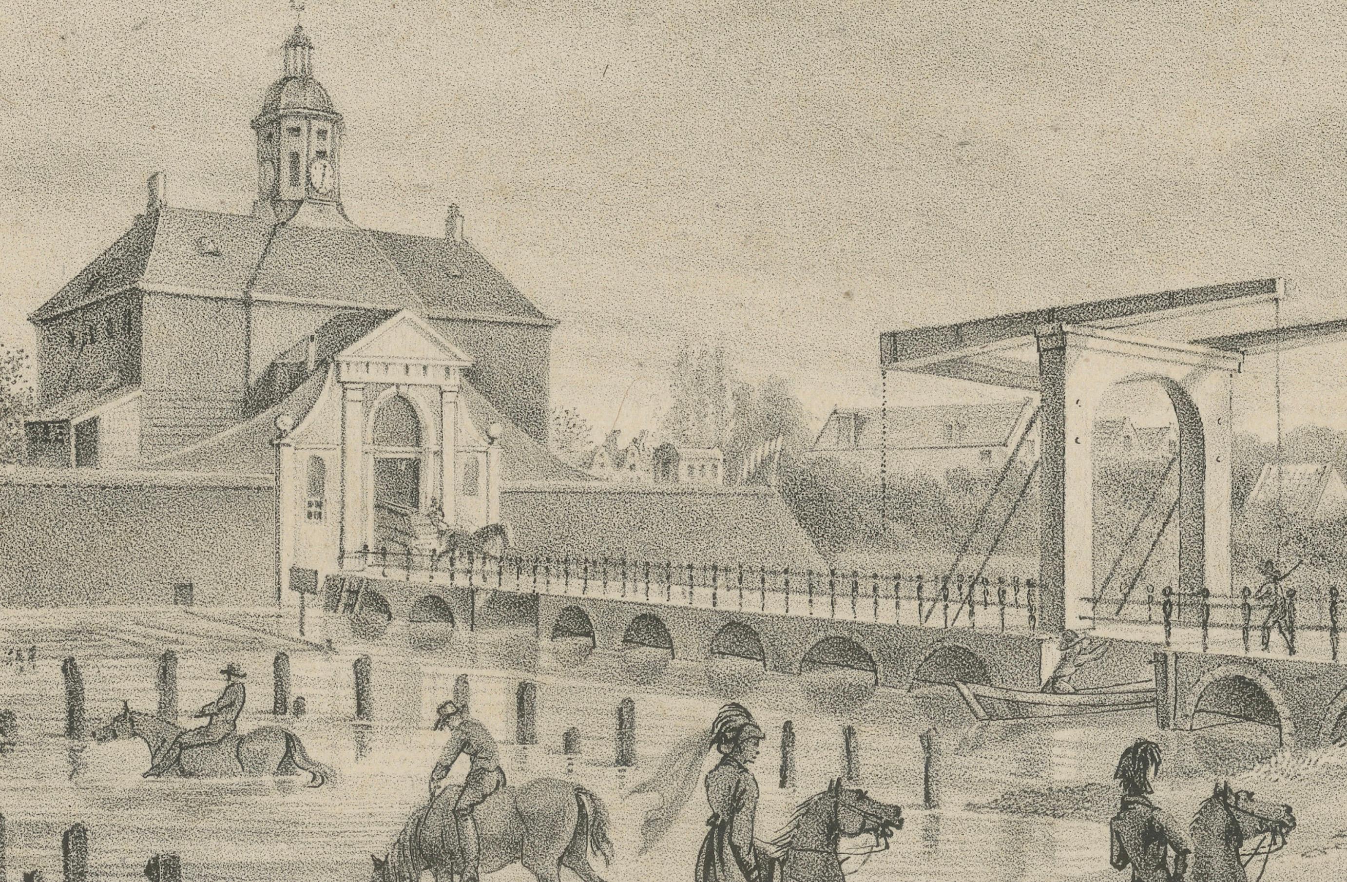 Stampa di Amsterdam con scena di Utrechtsche Poort e mulini a vento

Questa accattivante stampa antica dell'Utrechtsche Poort di Amsterdam è una magistrale rappresentazione dell'architettura storica e della vita quotidiana della città olandese.