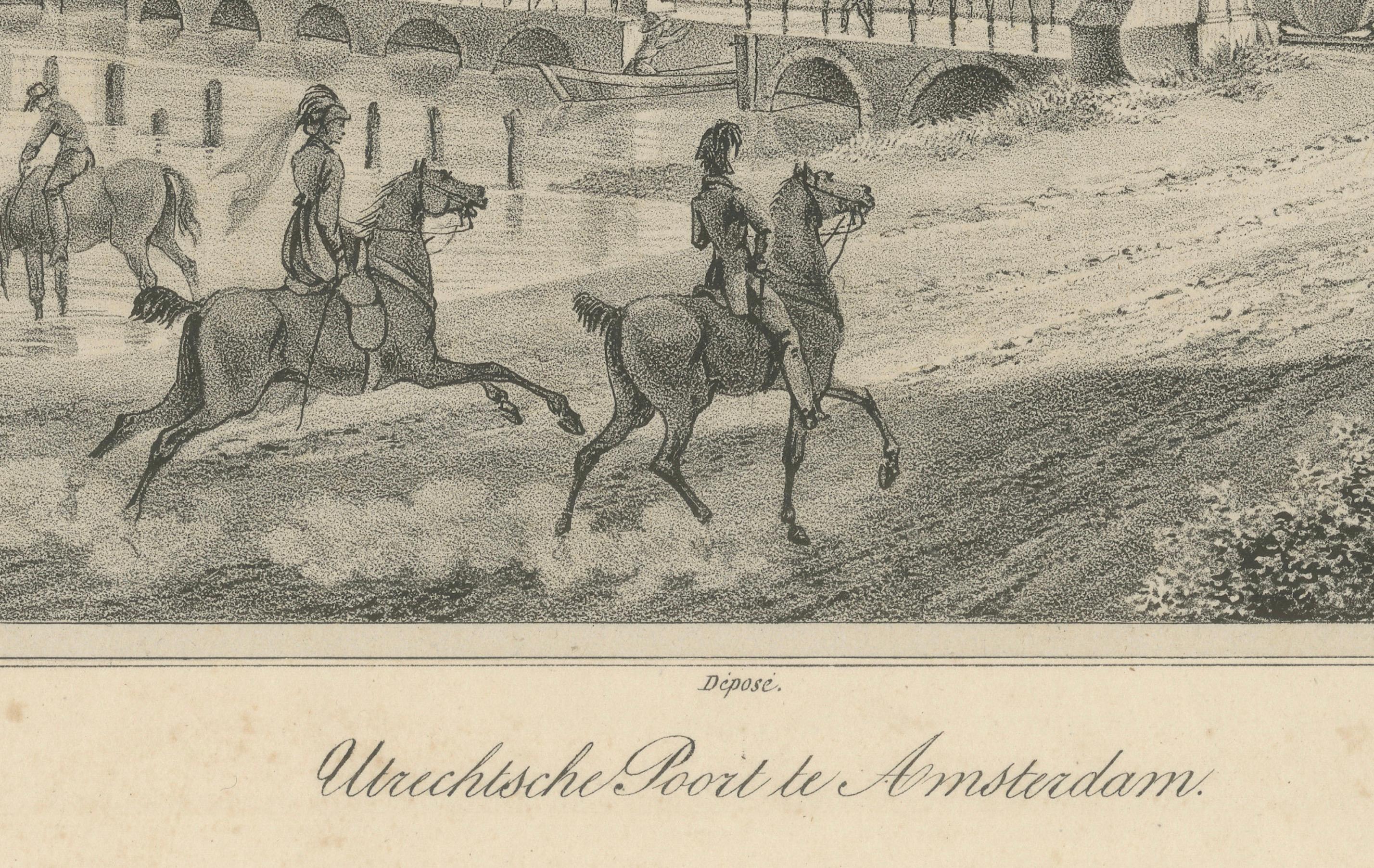 Inciso Stampa di Amsterdam con scena di Utrechtsche Poort e mulino a vento, 1850 circa in vendita