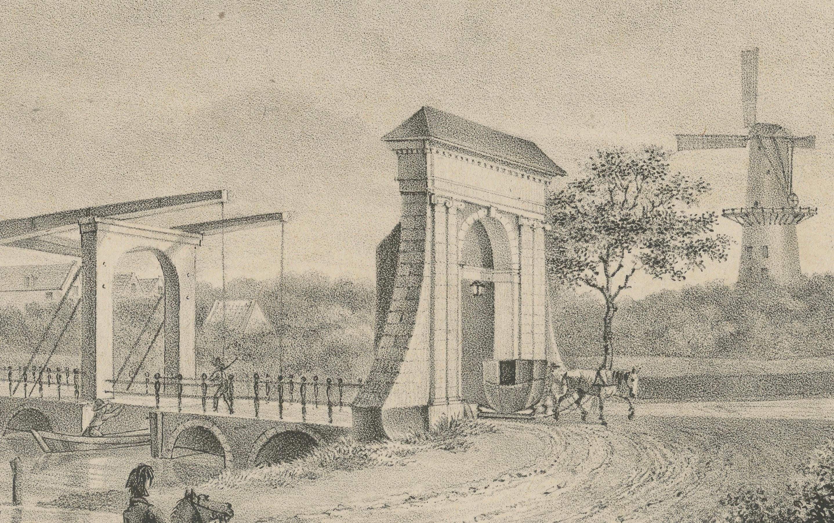 Stampa di Amsterdam con scena di Utrechtsche Poort e mulino a vento, 1850 circa In condizioni buone in vendita a Langweer, NL