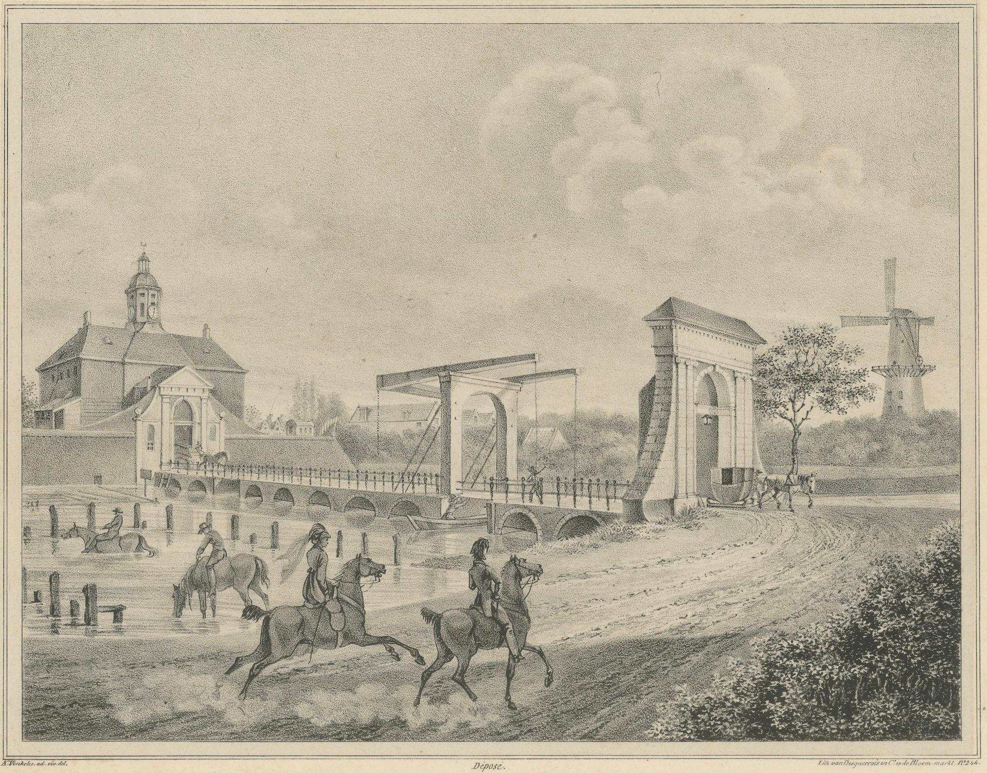 XIX secolo Stampa di Amsterdam con scena di Utrechtsche Poort e mulino a vento, 1850 circa in vendita