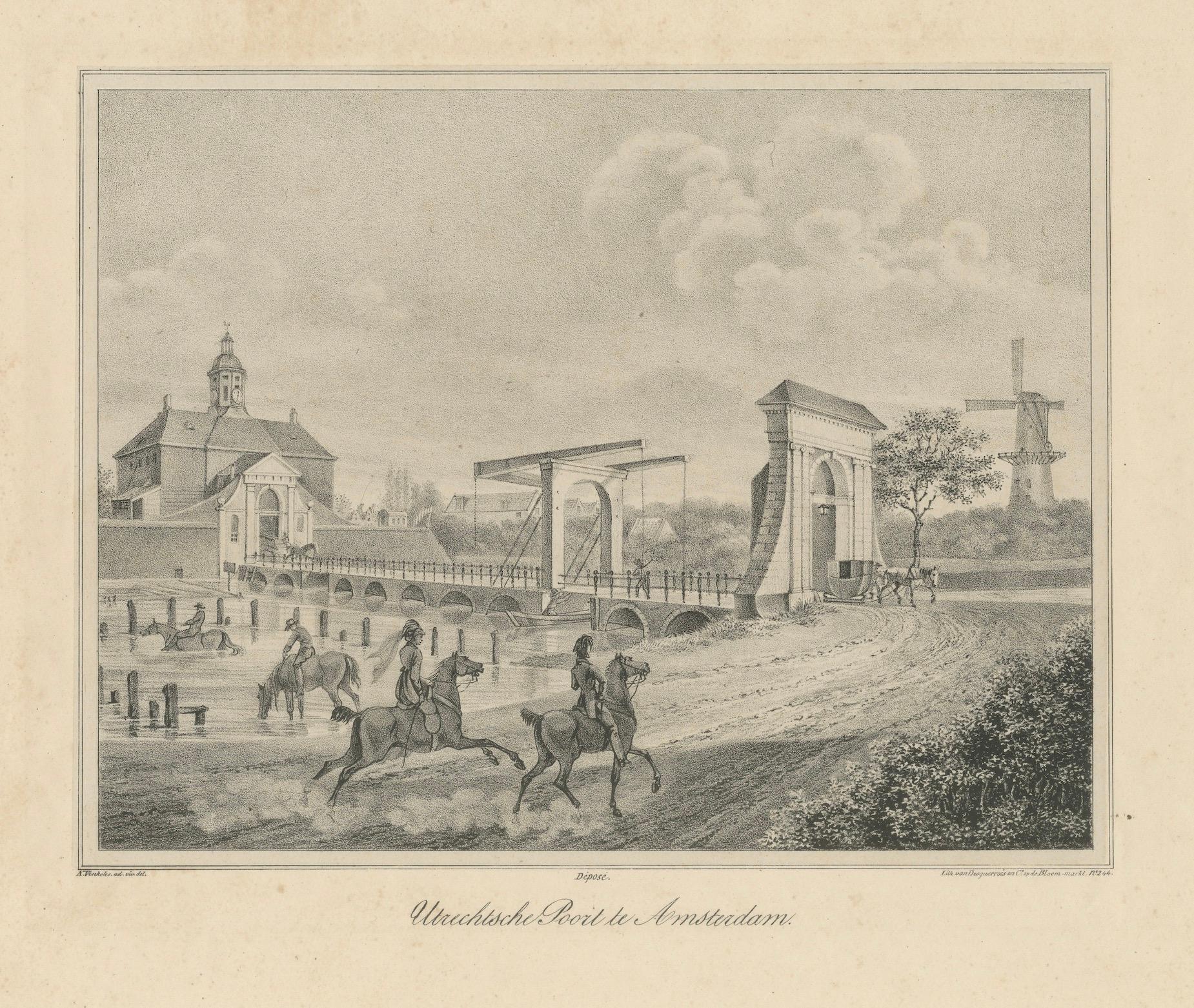 Carta Stampa di Amsterdam con scena di Utrechtsche Poort e mulino a vento, 1850 circa in vendita