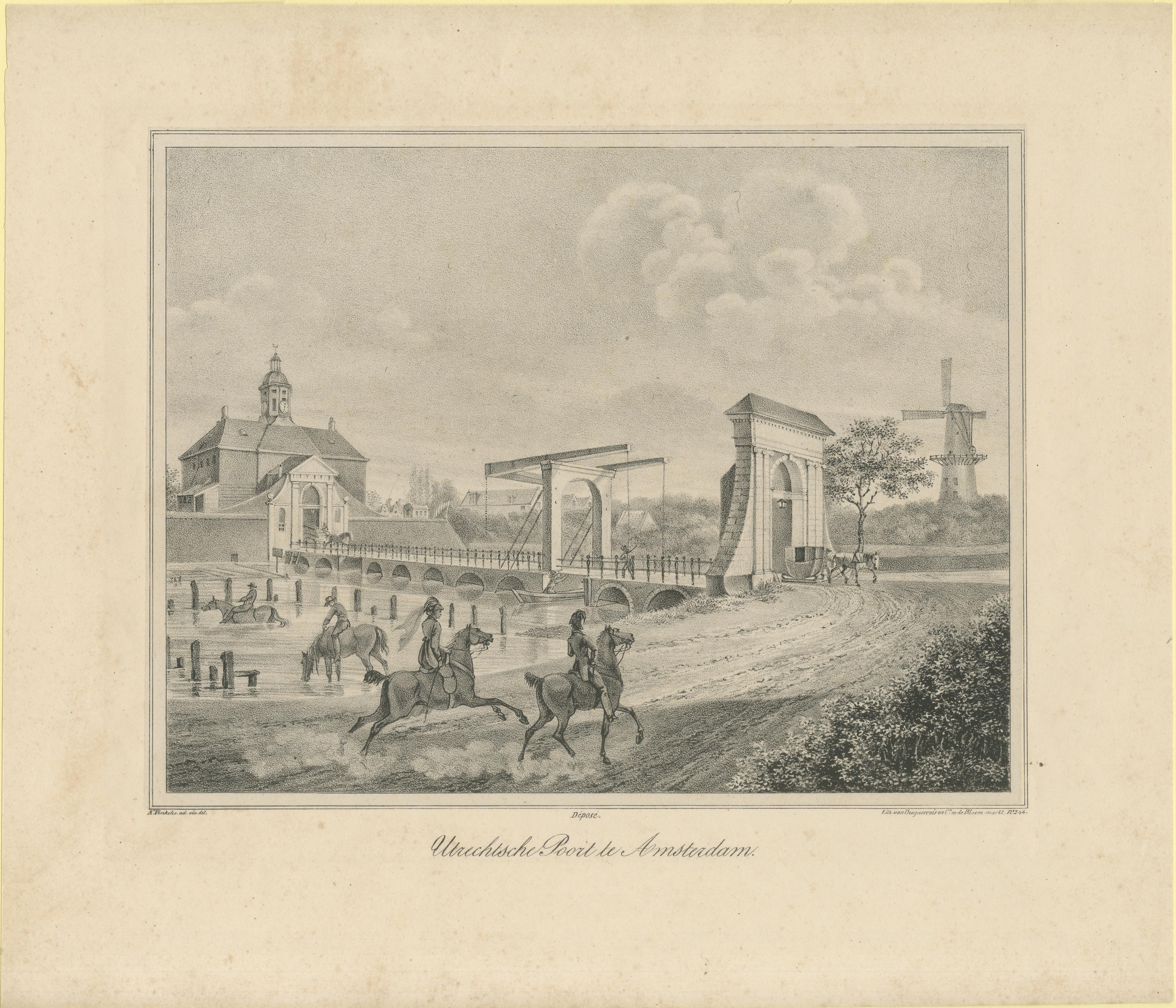 Stampa di Amsterdam con scena di Utrechtsche Poort e mulino a vento, 1850 circa in vendita 1
