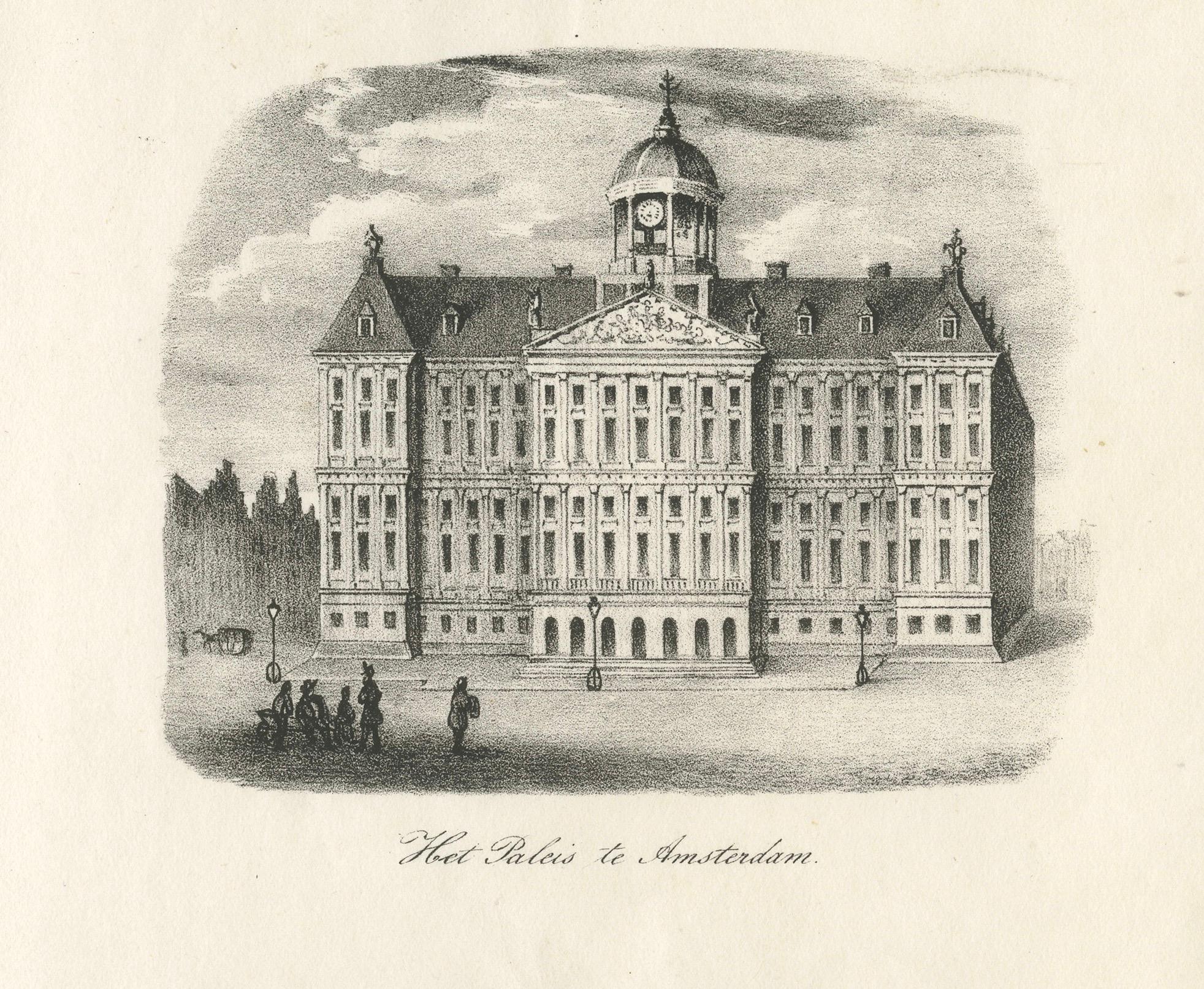 Papier Le palais royal d'Amsterdam et la maison du tsar Pierre le Grand, Gravure du XIXe siècle en vente