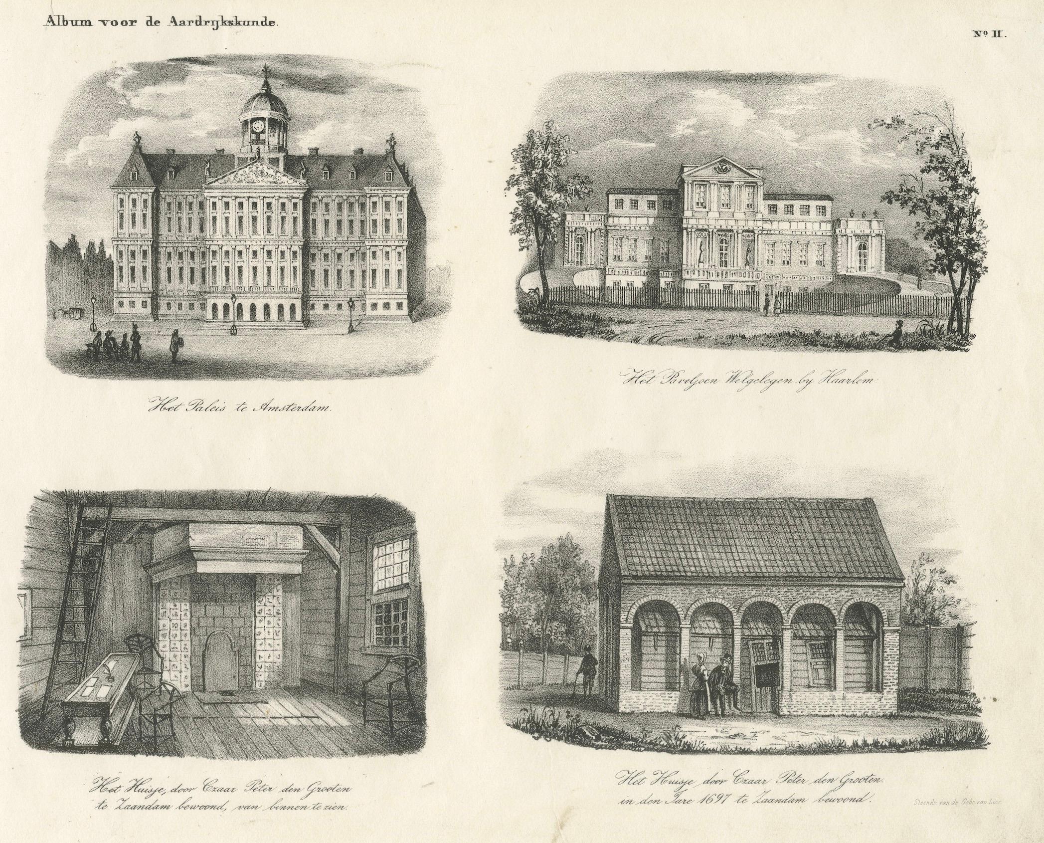 Le palais royal d'Amsterdam et la maison du tsar Pierre le Grand, Gravure du XIXe siècle en vente 1