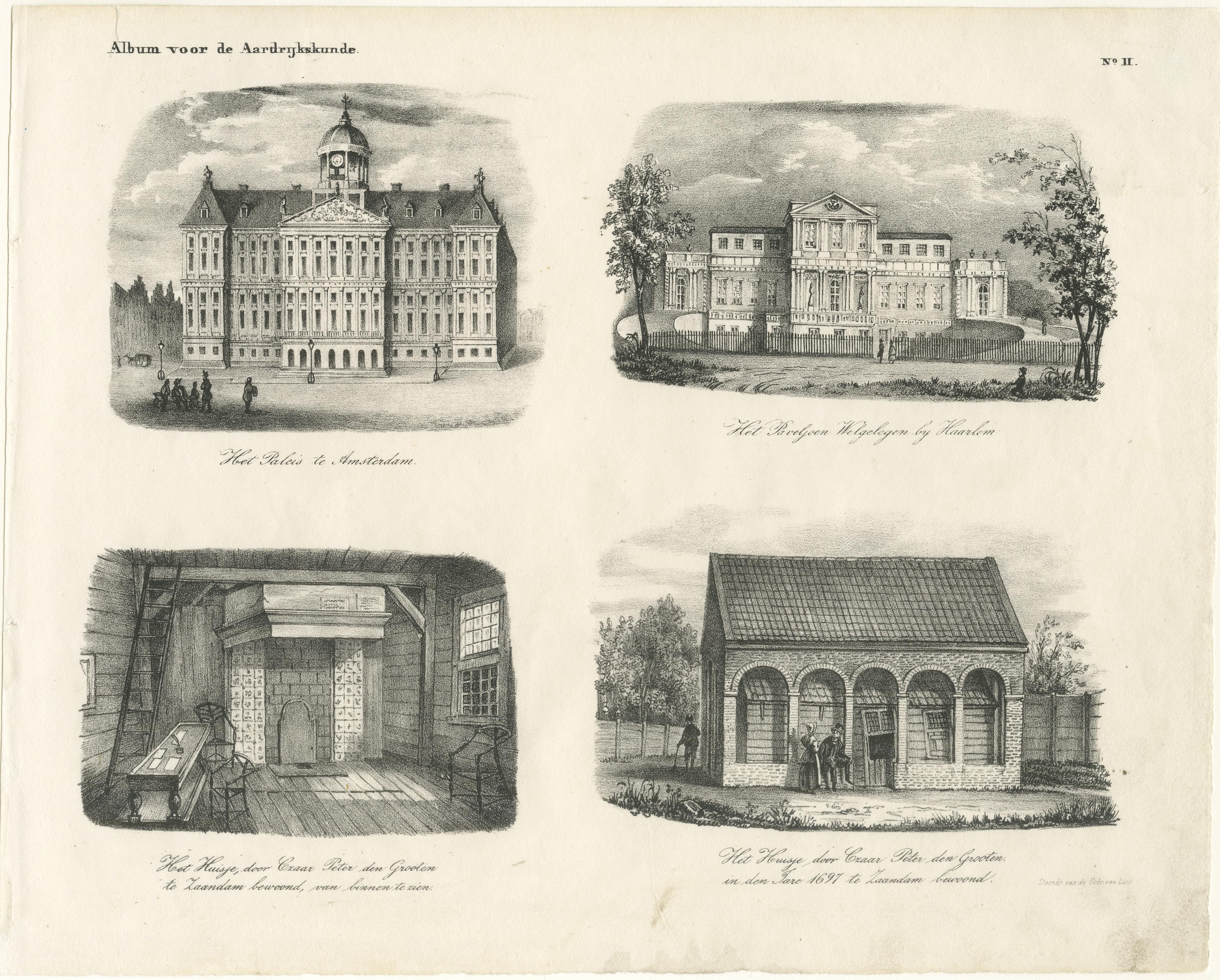 Le palais royal d'Amsterdam et la maison du tsar Pierre le Grand, Gravure du XIXe siècle en vente 2