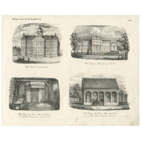 Amsterdam Royal Palace and Tsar Peter the Great’s House, 19th Century Engraving