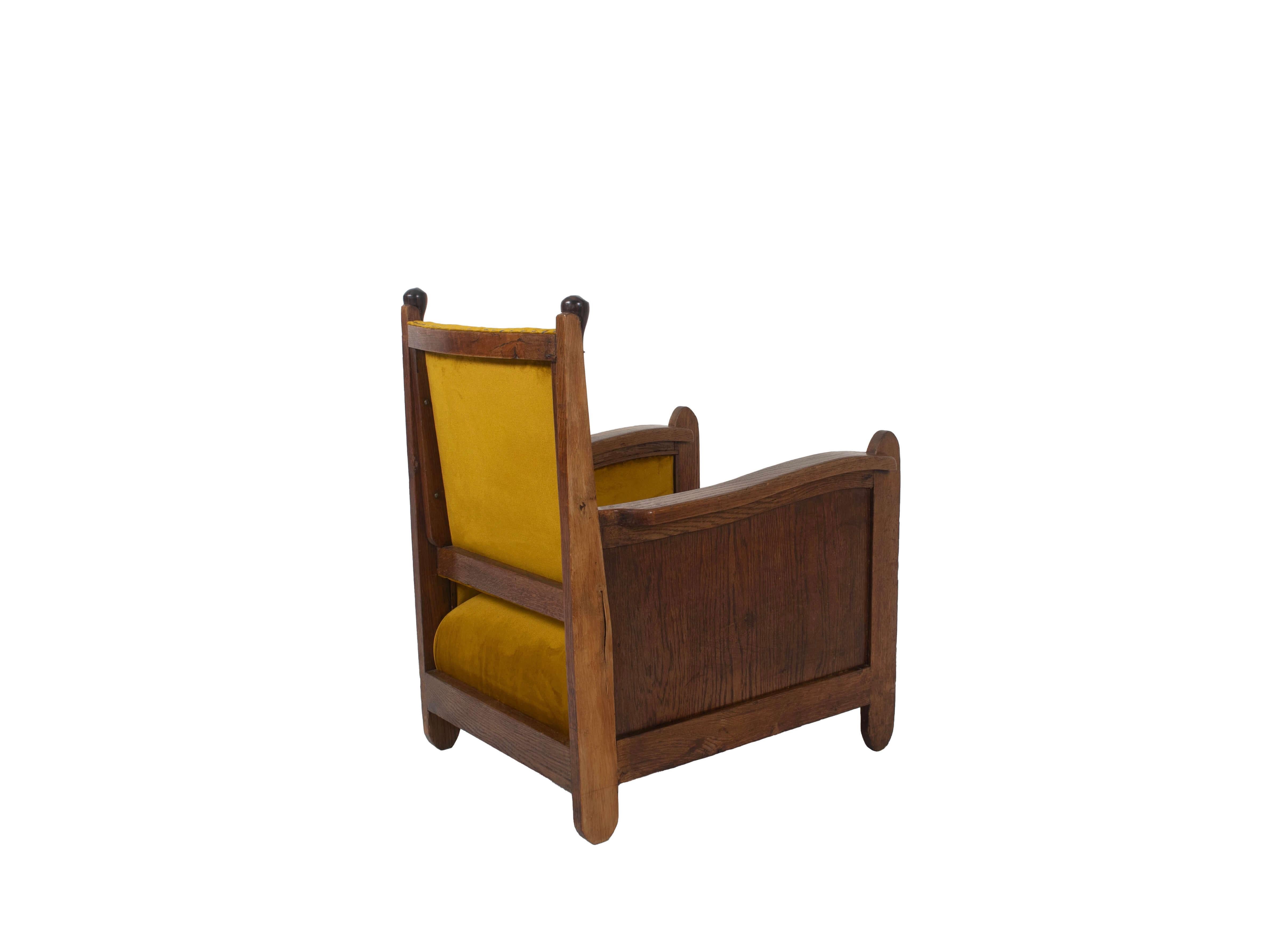 Mid-20th Century Amsterdam School Arm Chair in Gold Yellow Fabric, Oak and Coromandel, NL, 1930s