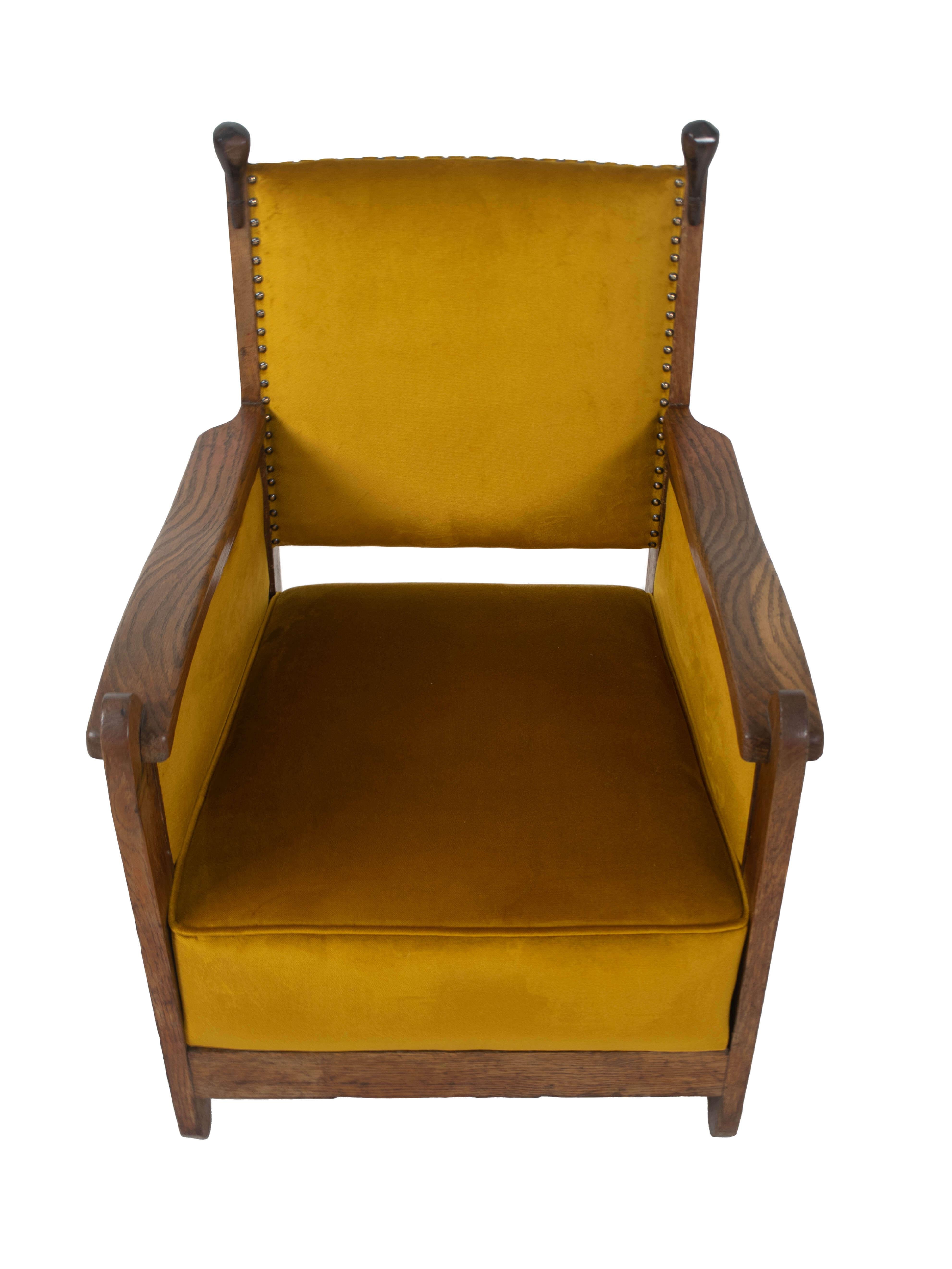 Amsterdam School Arm Chair in Gold Yellow Fabric, Oak and Coromandel, NL, 1930s 1