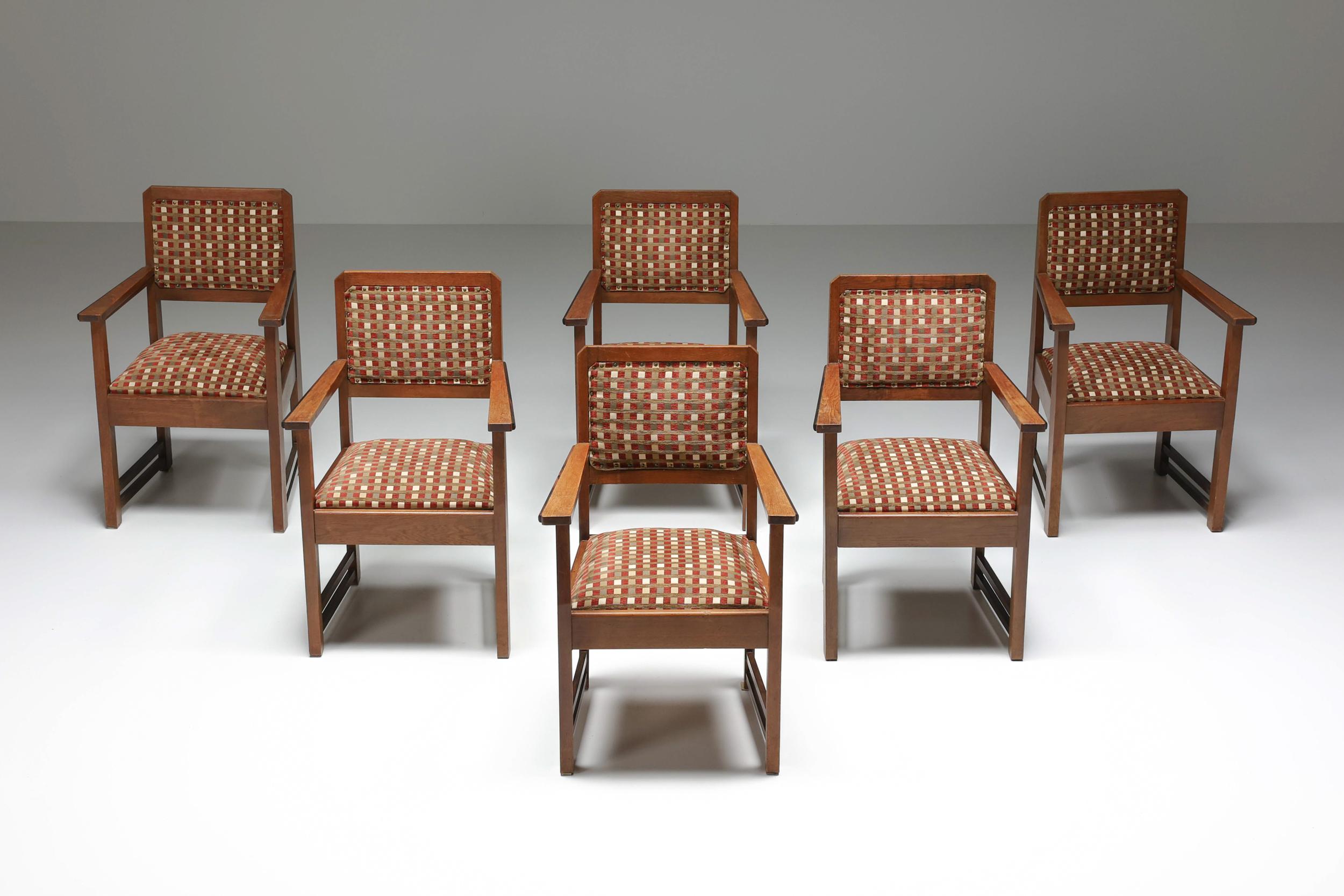 1940's, Dutch Modern, Lounge Chair, Amsterdamse school, Armchair, Art Deco, Expressionism, Jugendstil. 

Dutch modern set of six chairs of Amsterdamse school. The original upholstery creates an authentic quality. The Amsterdam School is famous for