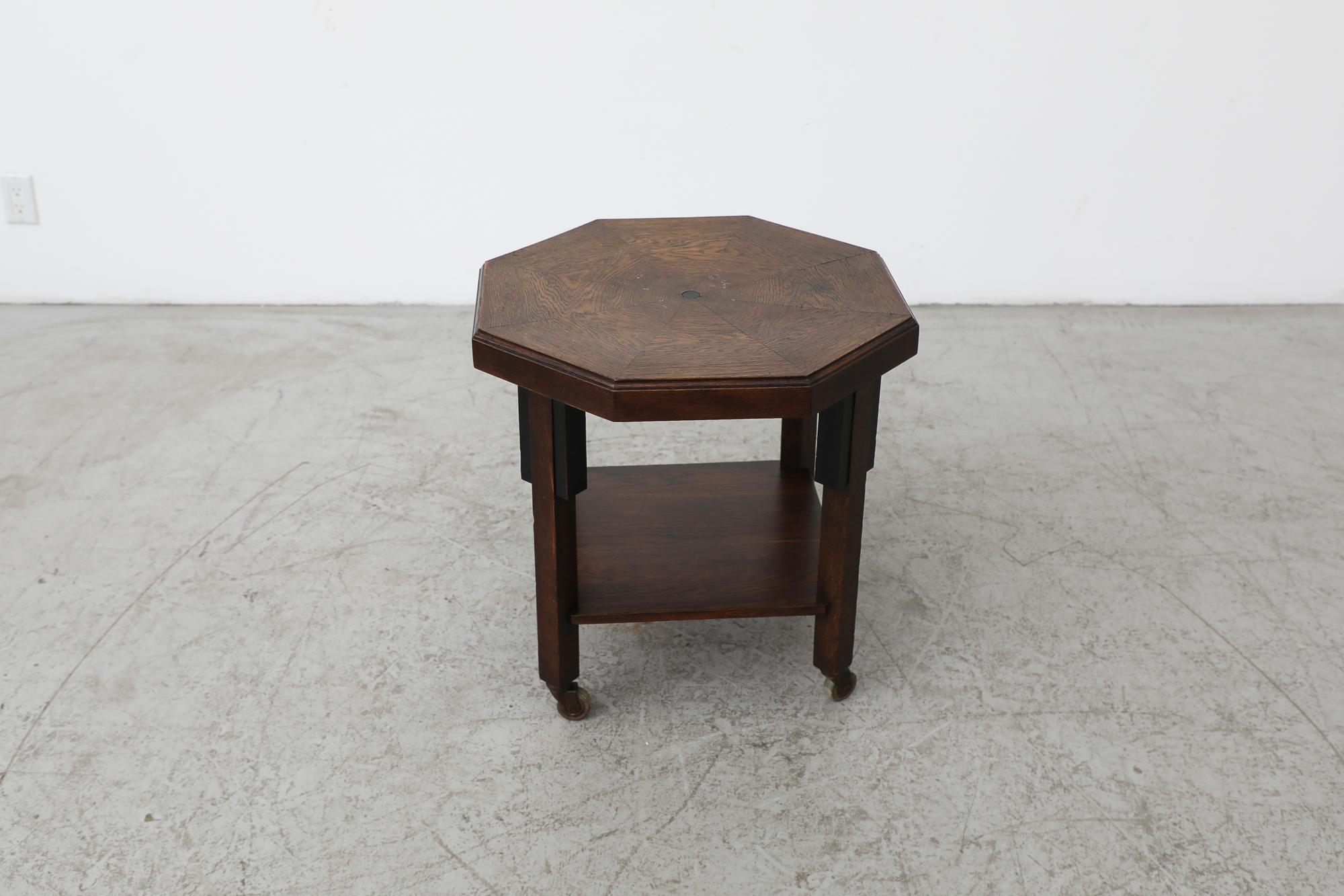 Amsterdam School Art Deco Dark Oak Octagonal Oak Rolling Side Table For Sale 1
