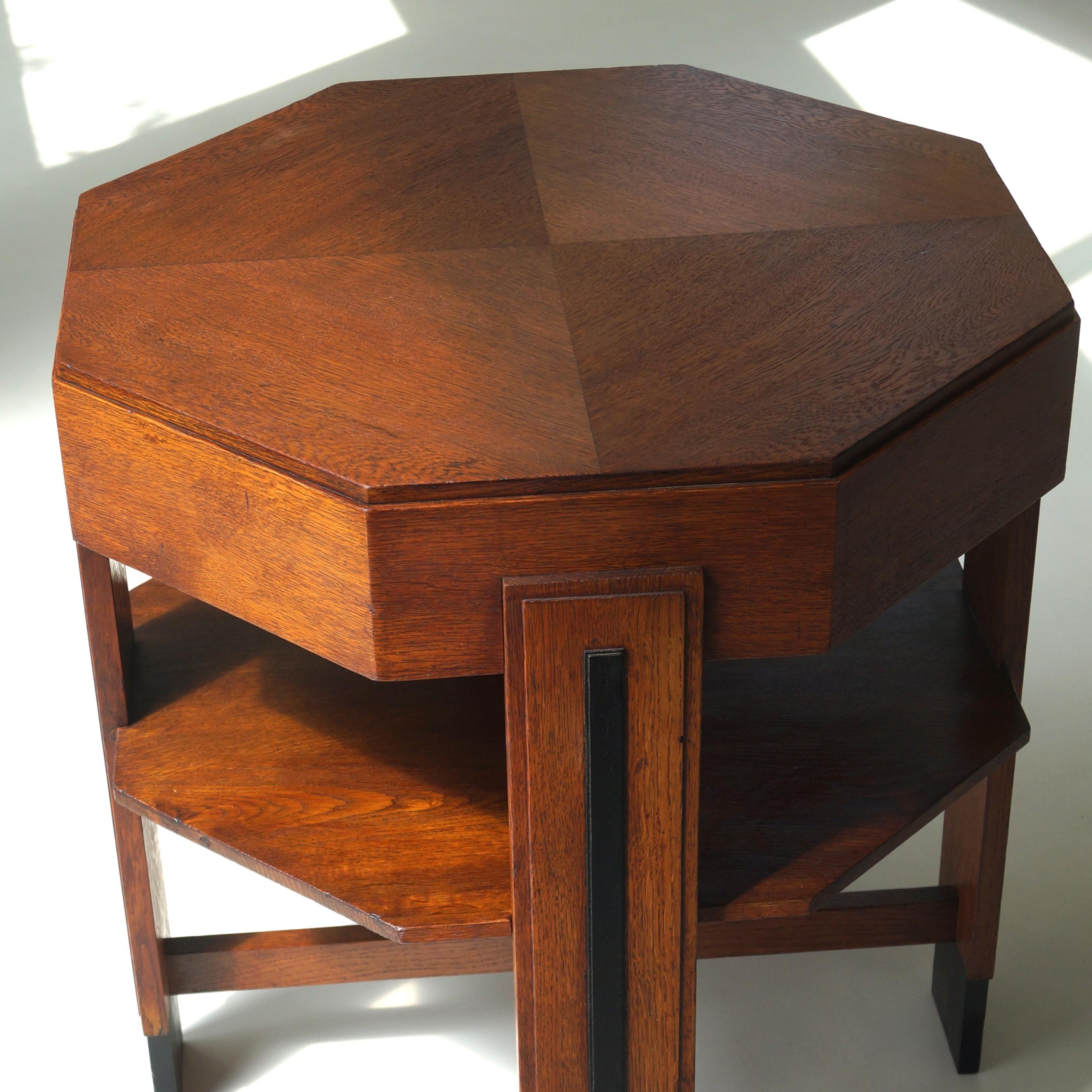Amsterdam School Art Deco side table in oak with octagonal top, 1920s For Sale 8