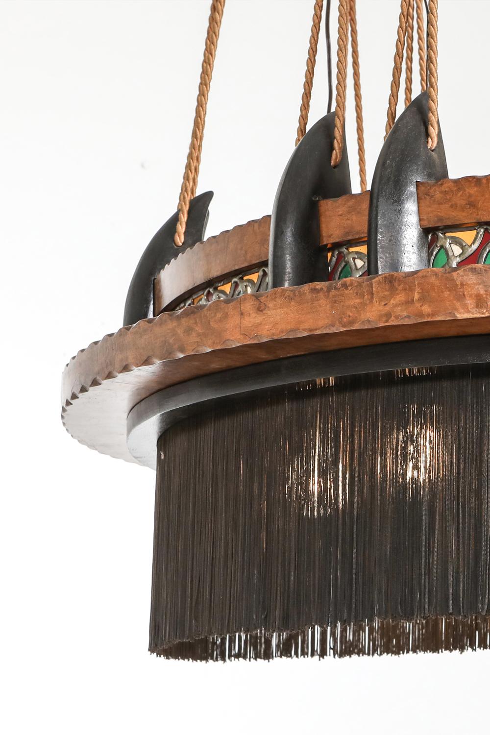 Amsterdam School Chandelier in Ebony, Carved Wood, Glass in Lead and Silk For Sale 3