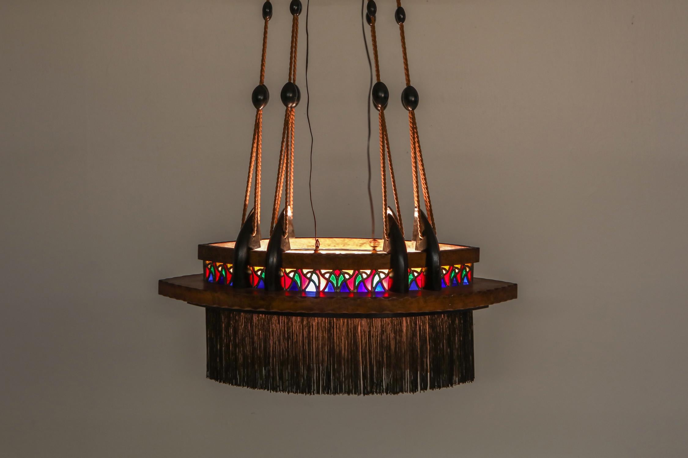Amsterdam School Chandelier in Ebony, Carved Wood, Glass in Lead and Silk For Sale 6