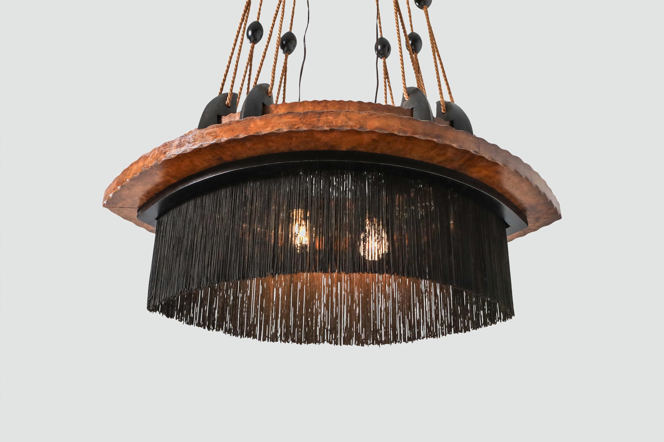 Art Deco Amsterdam School Chandelier in Ebony, Carved Wood, Glass in Lead and Silk For Sale