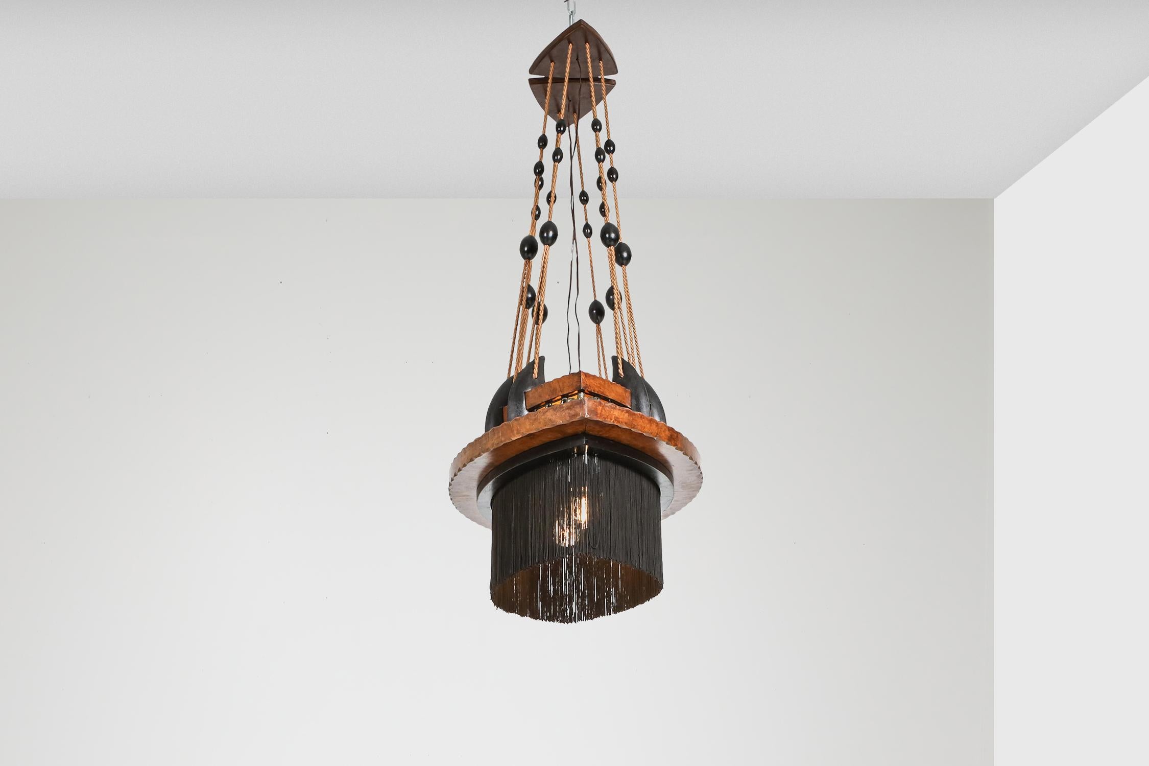 Dutch Amsterdam School Chandelier in Ebony, Carved Wood, Glass in Lead and Silk For Sale