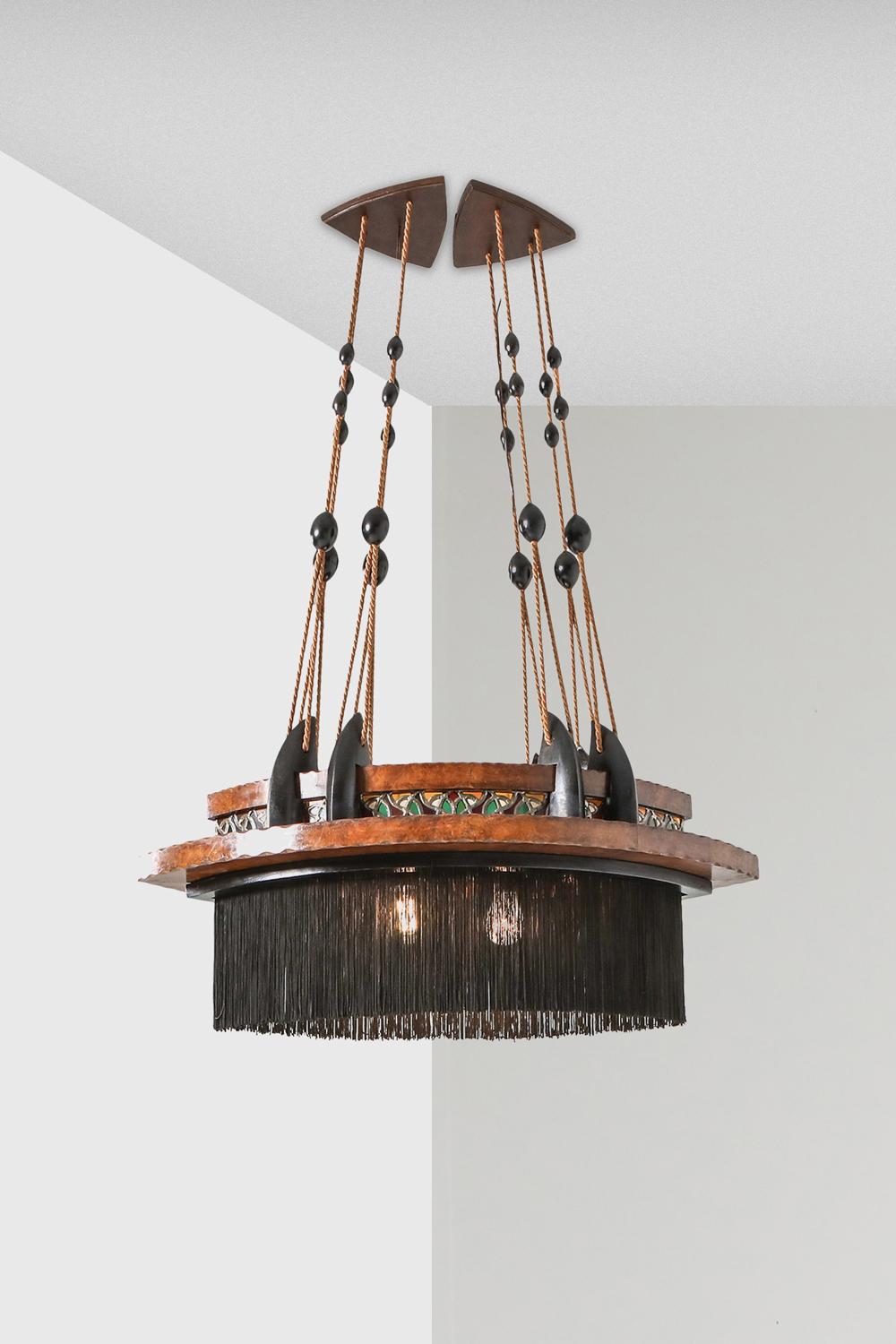 Amsterdam School Chandelier in Ebony, Carved Wood, Glass in Lead and Silk For Sale 2