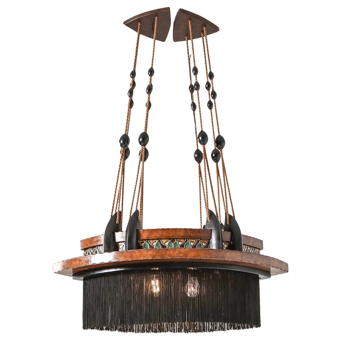 Amsterdam School Chandelier in Ebony, Carved Wood, Glass in Lead and Silk For Sale