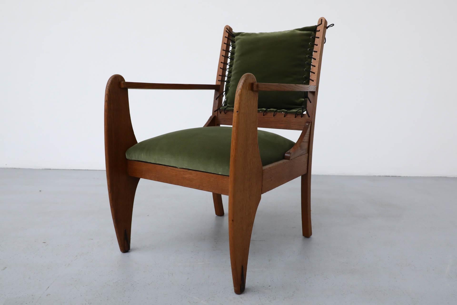 Amsterdam School Deco Oak Chair with Emerald Velvet Upholstery and Leather Lace 5