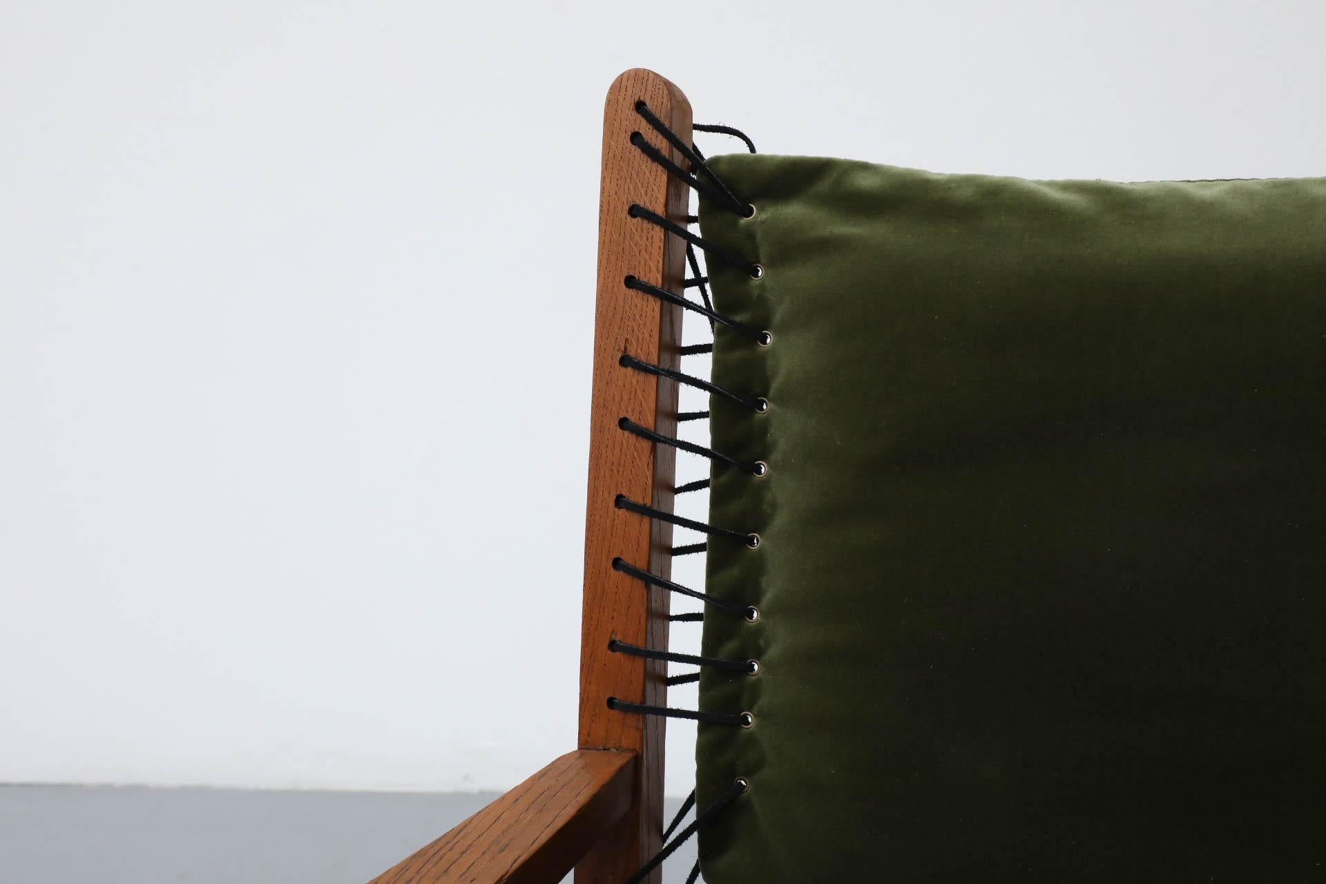 Amsterdam School Deco Oak Chair with Emerald Velvet Upholstery and Leather Lace 6