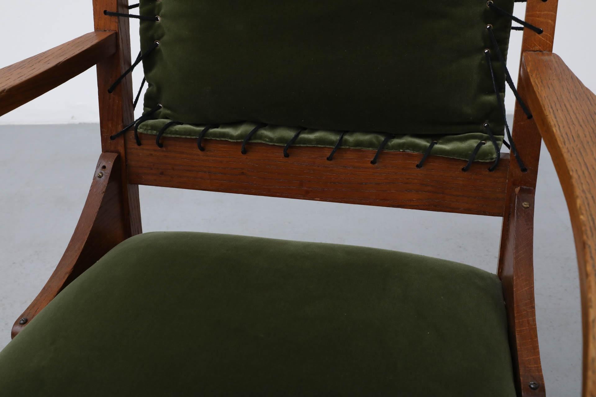 Amsterdam School Deco Oak Chair with Emerald Velvet Upholstery and Leather Lace 7