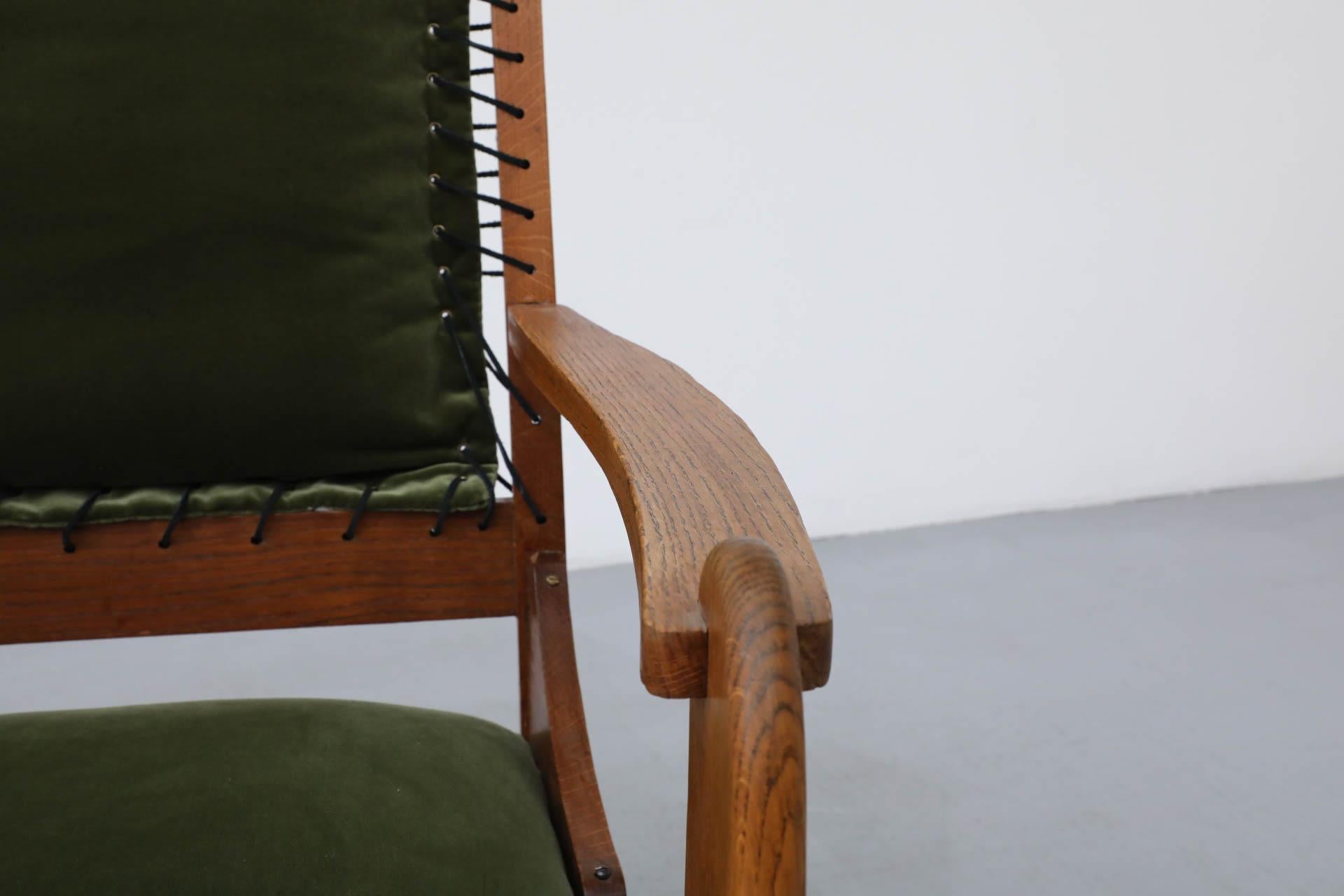 Amsterdam School Deco Oak Chair with Emerald Velvet Upholstery and Leather Lace 8