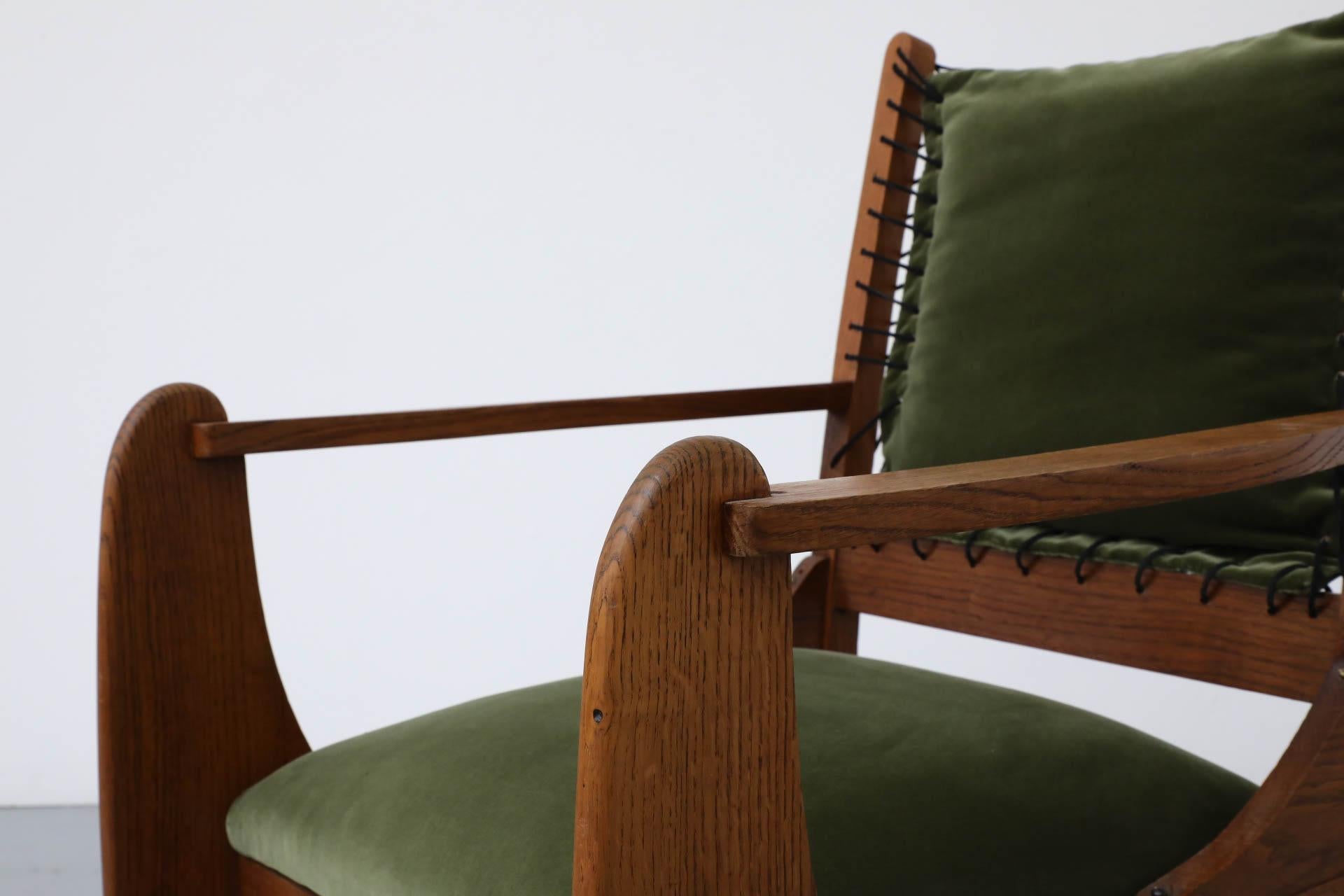 Amsterdam School Deco Oak Chair with Emerald Velvet Upholstery and Leather Lace 9