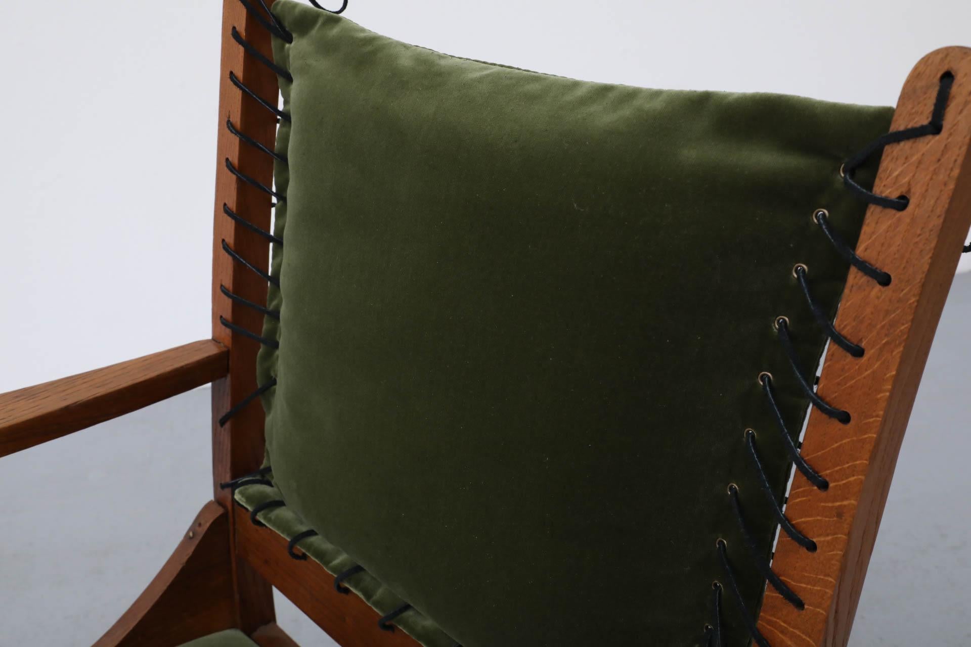 Amsterdam School Deco Oak Chair with Emerald Velvet Upholstery and Leather Lace 10