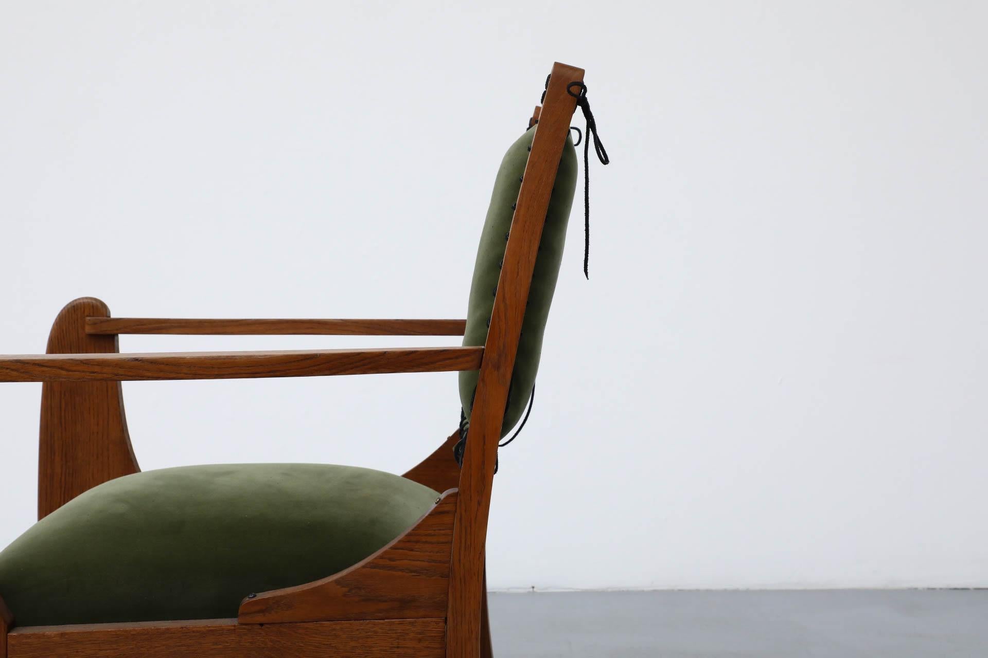 Amsterdam School Deco Oak Chair with Emerald Velvet Upholstery and Leather Lace 11