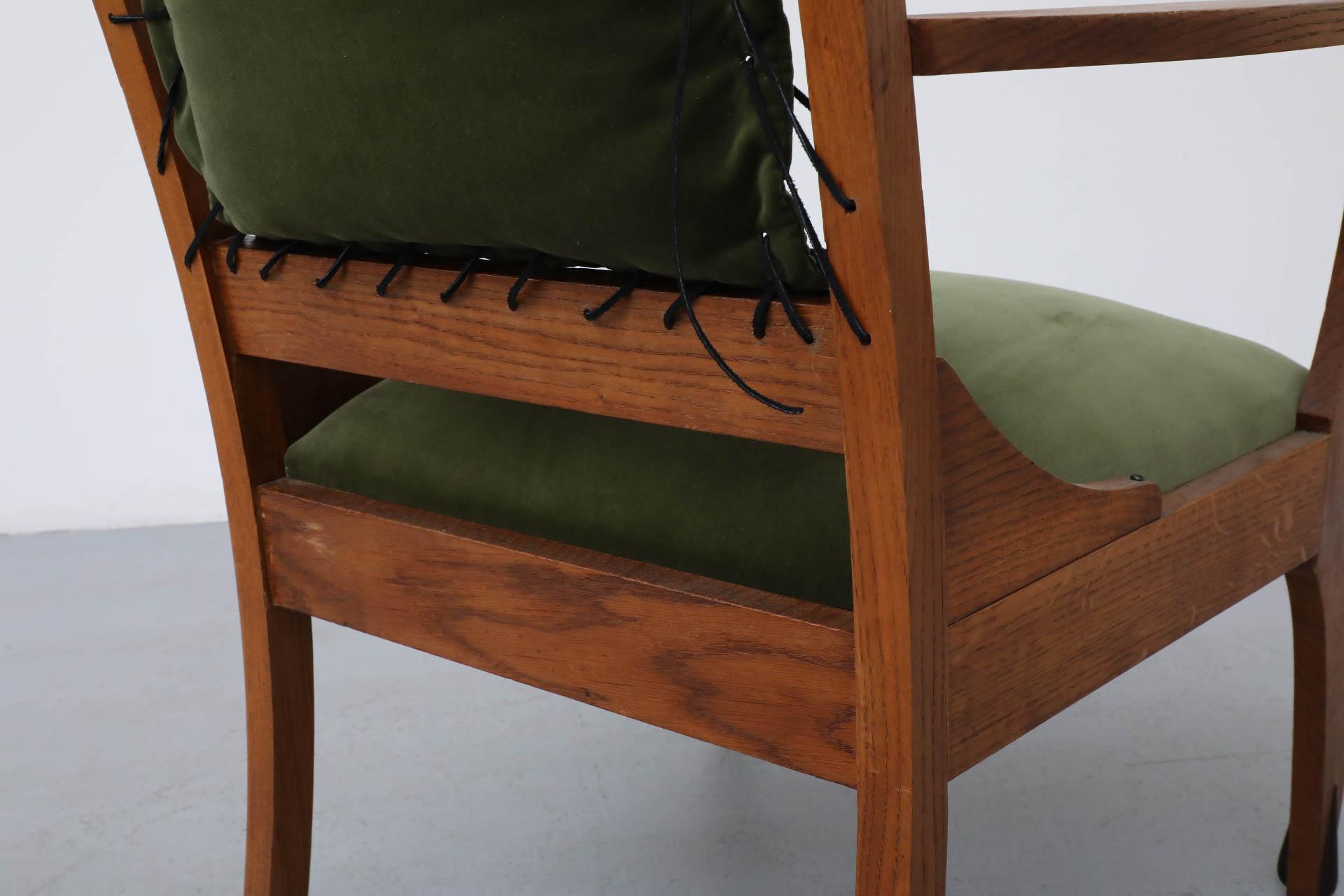 Amsterdam School Deco Oak Chair with Emerald Velvet Upholstery and Leather Lace 12