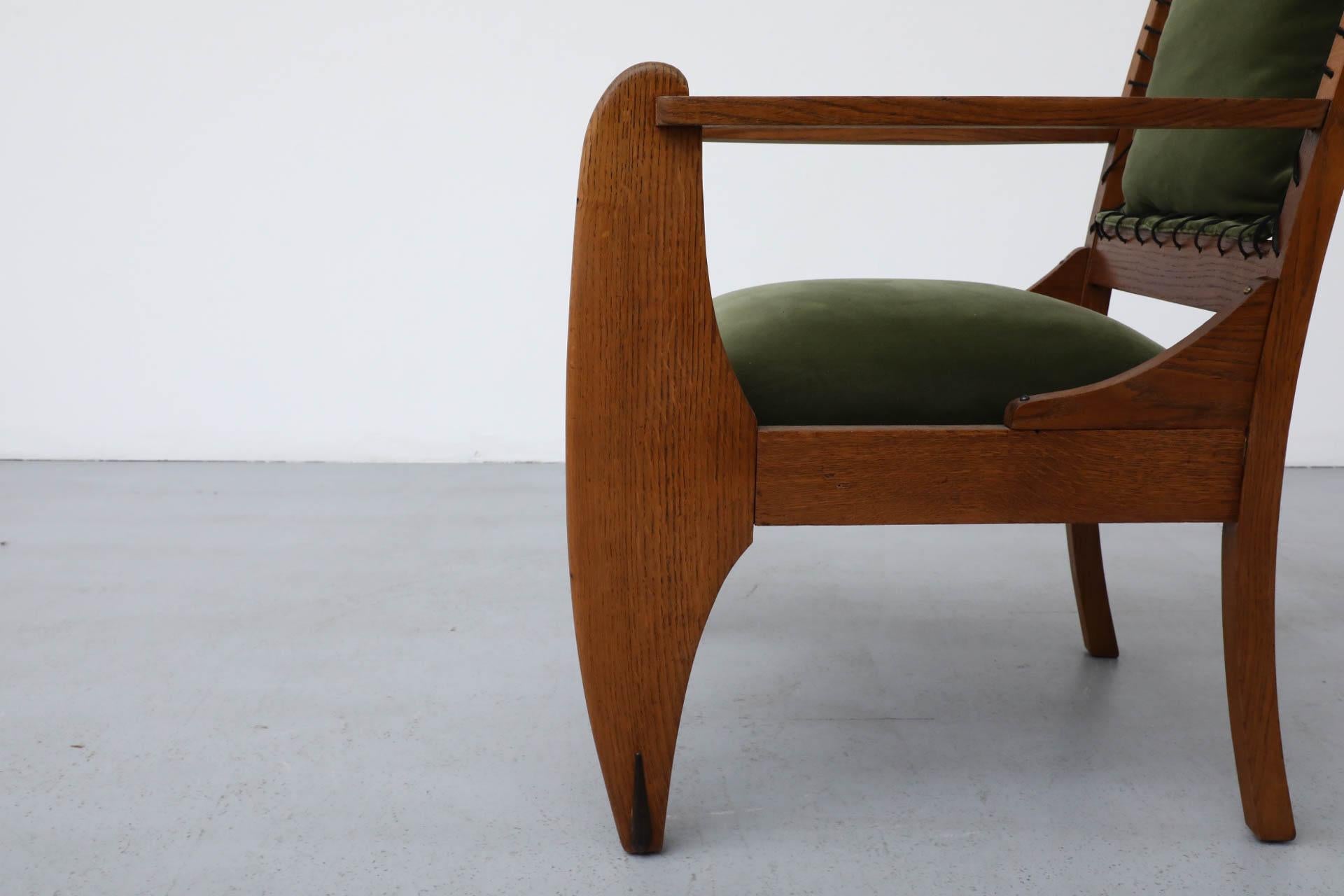 Amsterdam School Deco Oak Chair with Emerald Velvet Upholstery and Leather Lace 13