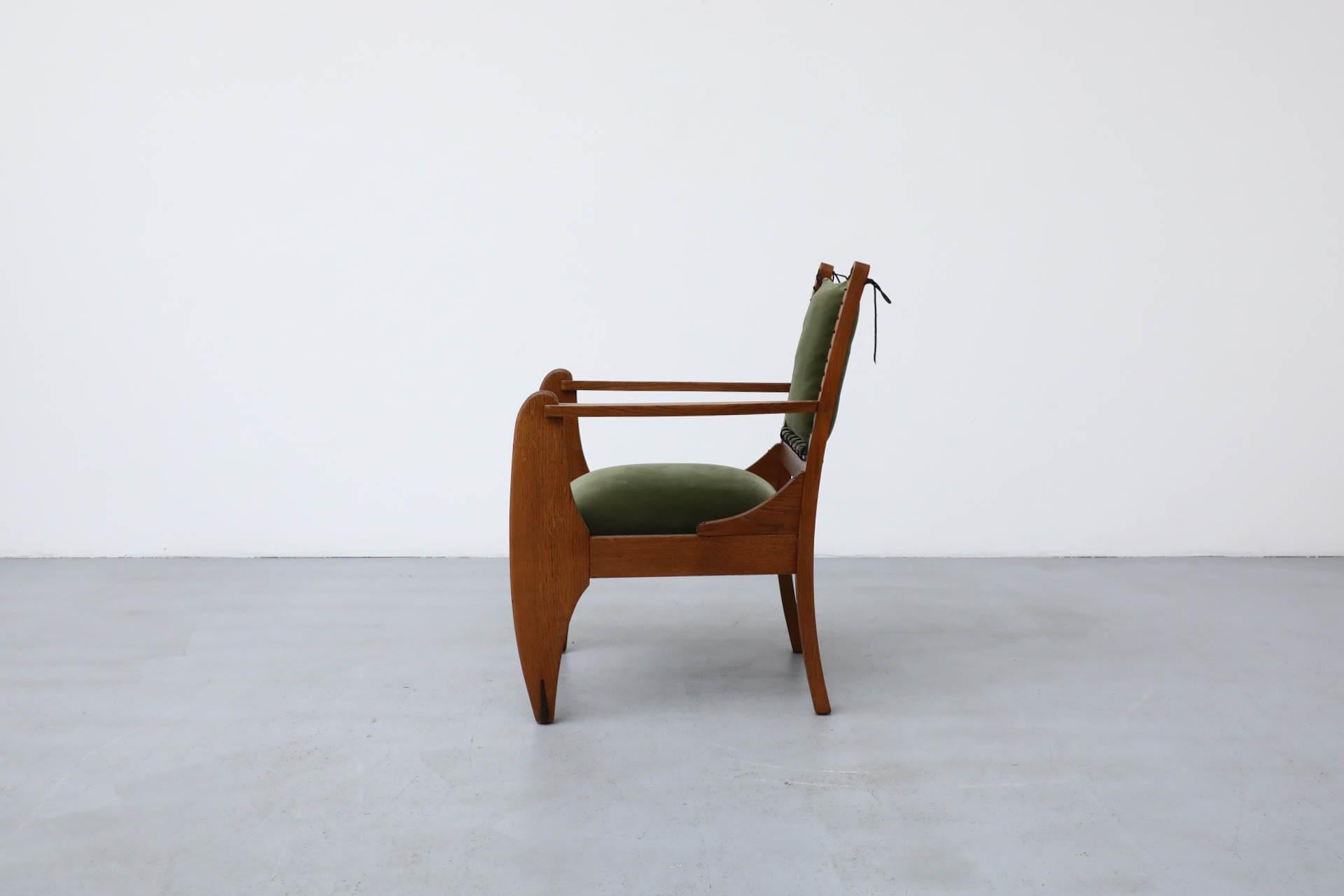 Art Deco Amsterdam School Deco Oak Chair with Emerald Velvet Upholstery and Leather Lace
