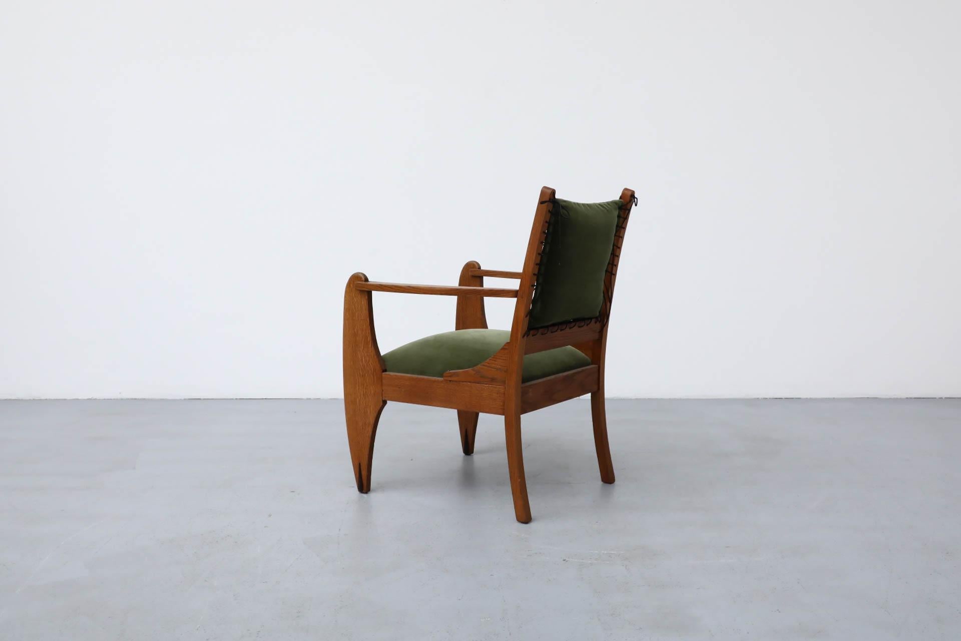 Dutch Amsterdam School Deco Oak Chair with Emerald Velvet Upholstery and Leather Lace