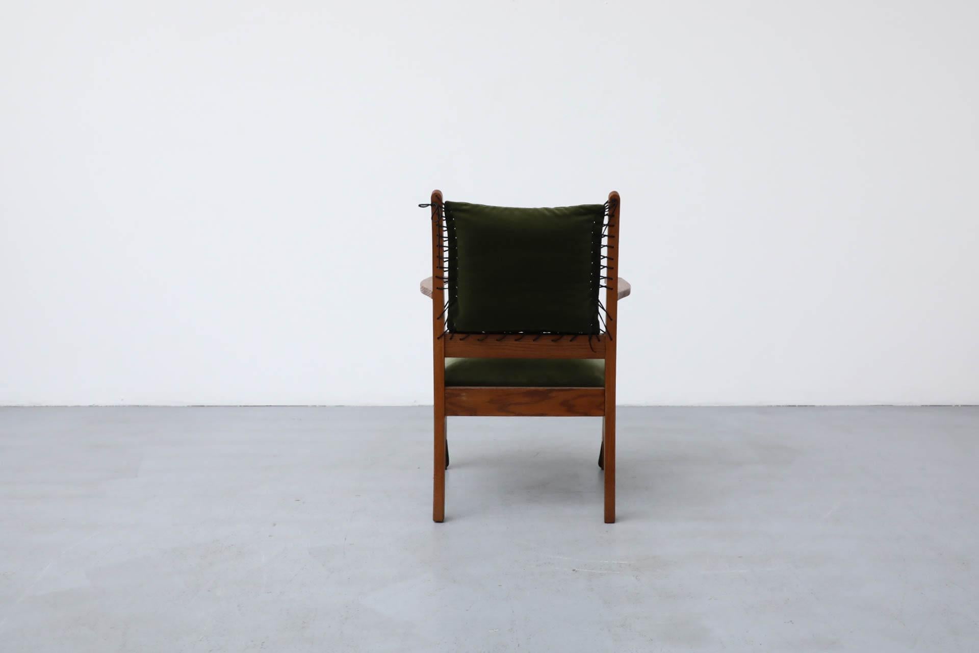 Amsterdam School Deco Oak Chair with Emerald Velvet Upholstery and Leather Lace In Good Condition In Los Angeles, CA