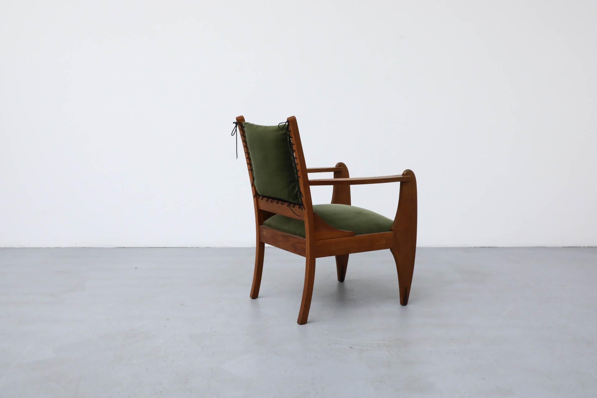 Mid-20th Century Amsterdam School Deco Oak Chair with Emerald Velvet Upholstery and Leather Lace