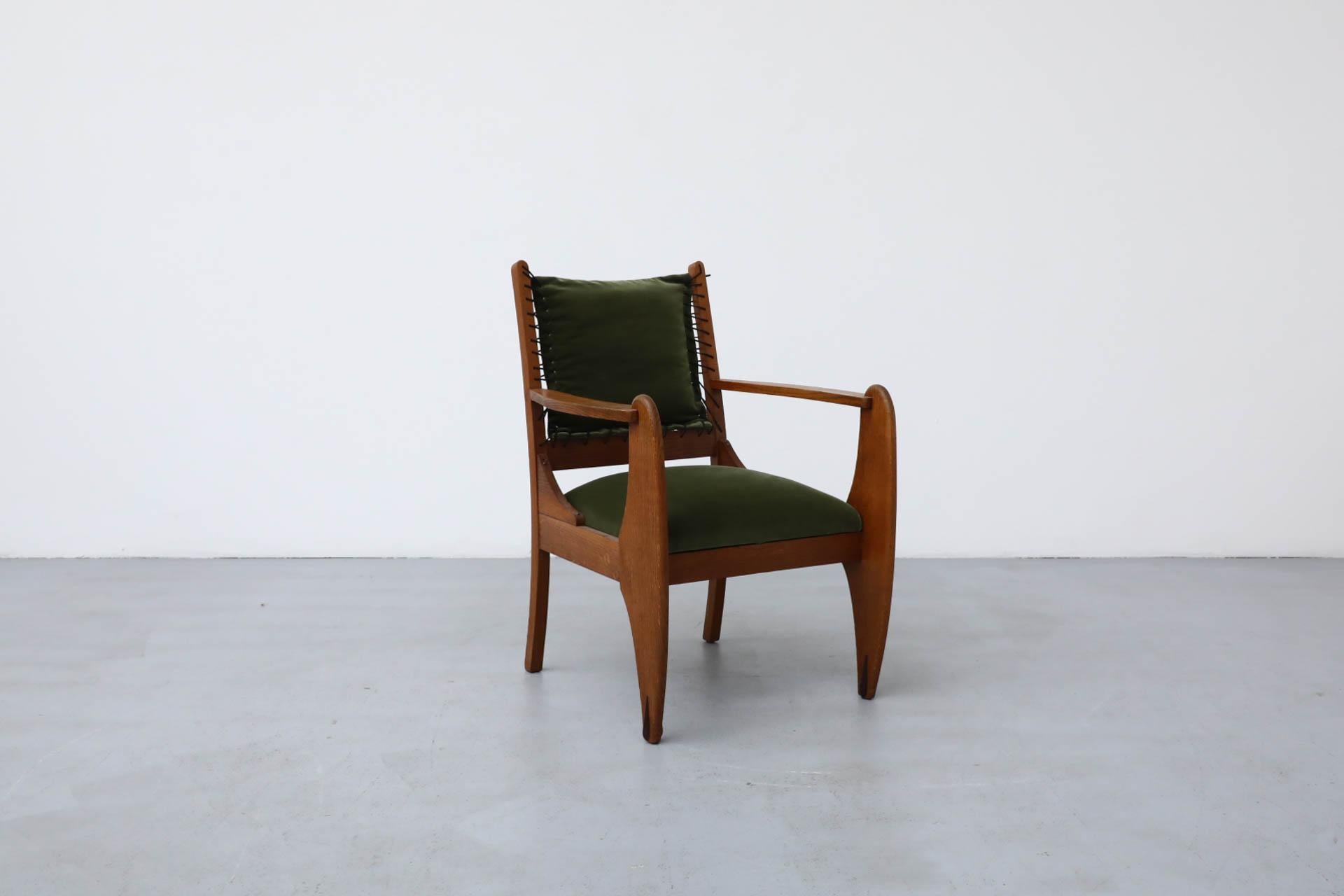 Amsterdam School Deco Oak Chair with Emerald Velvet Upholstery and Leather Lace 2