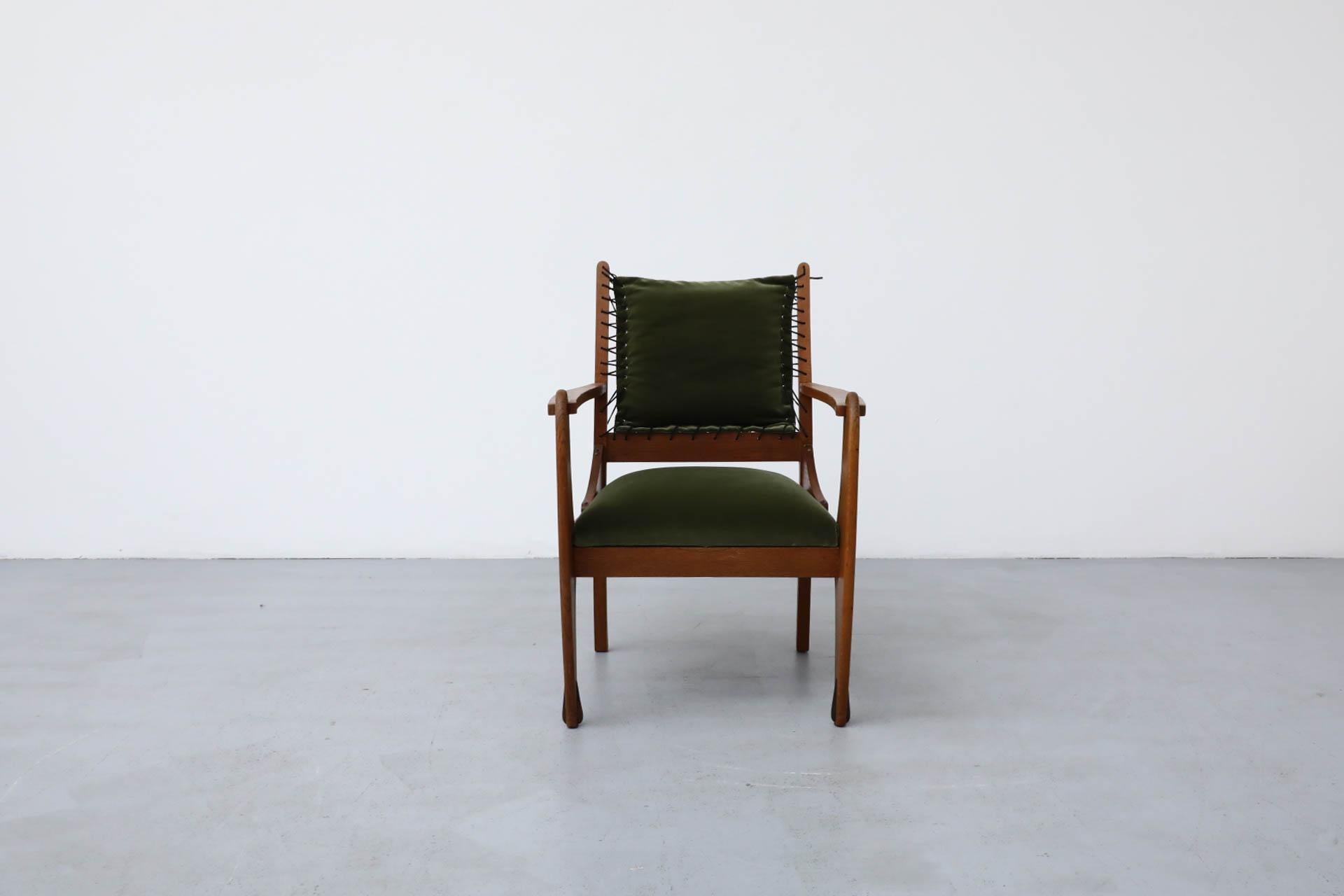Amsterdam School Deco Oak Chair with Emerald Velvet Upholstery and Leather Lace 3