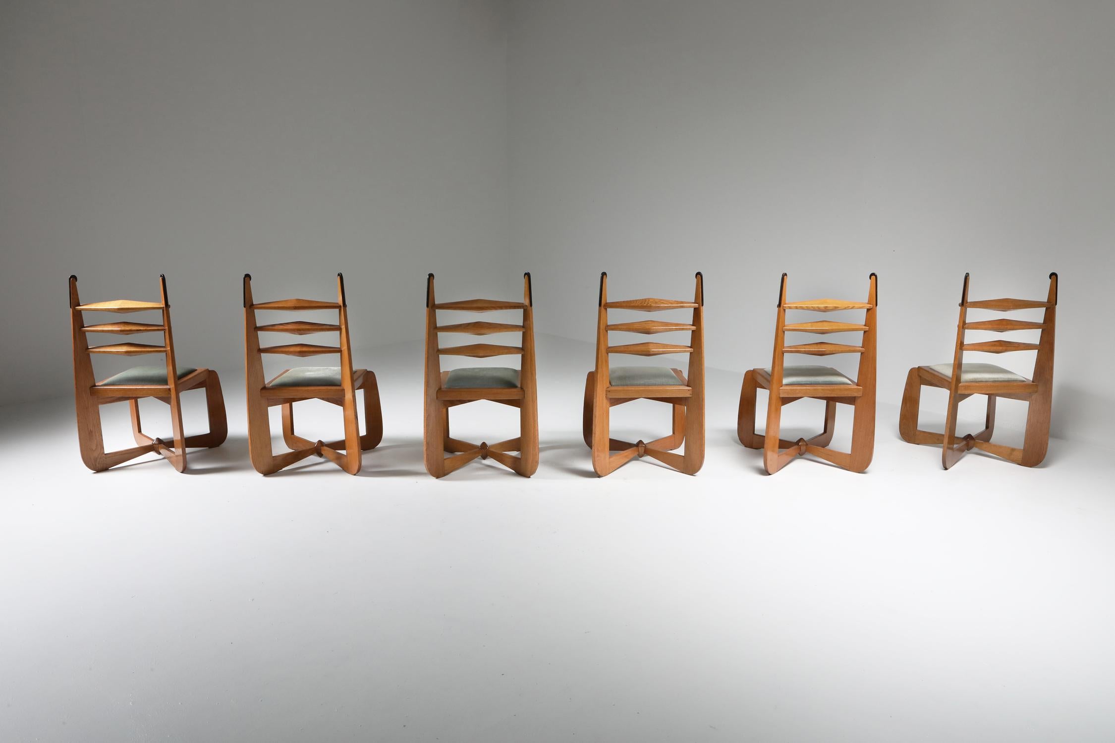 Amsterdam School Dutch Art Deco Expressive Chairs in Oak, Set of Six 7