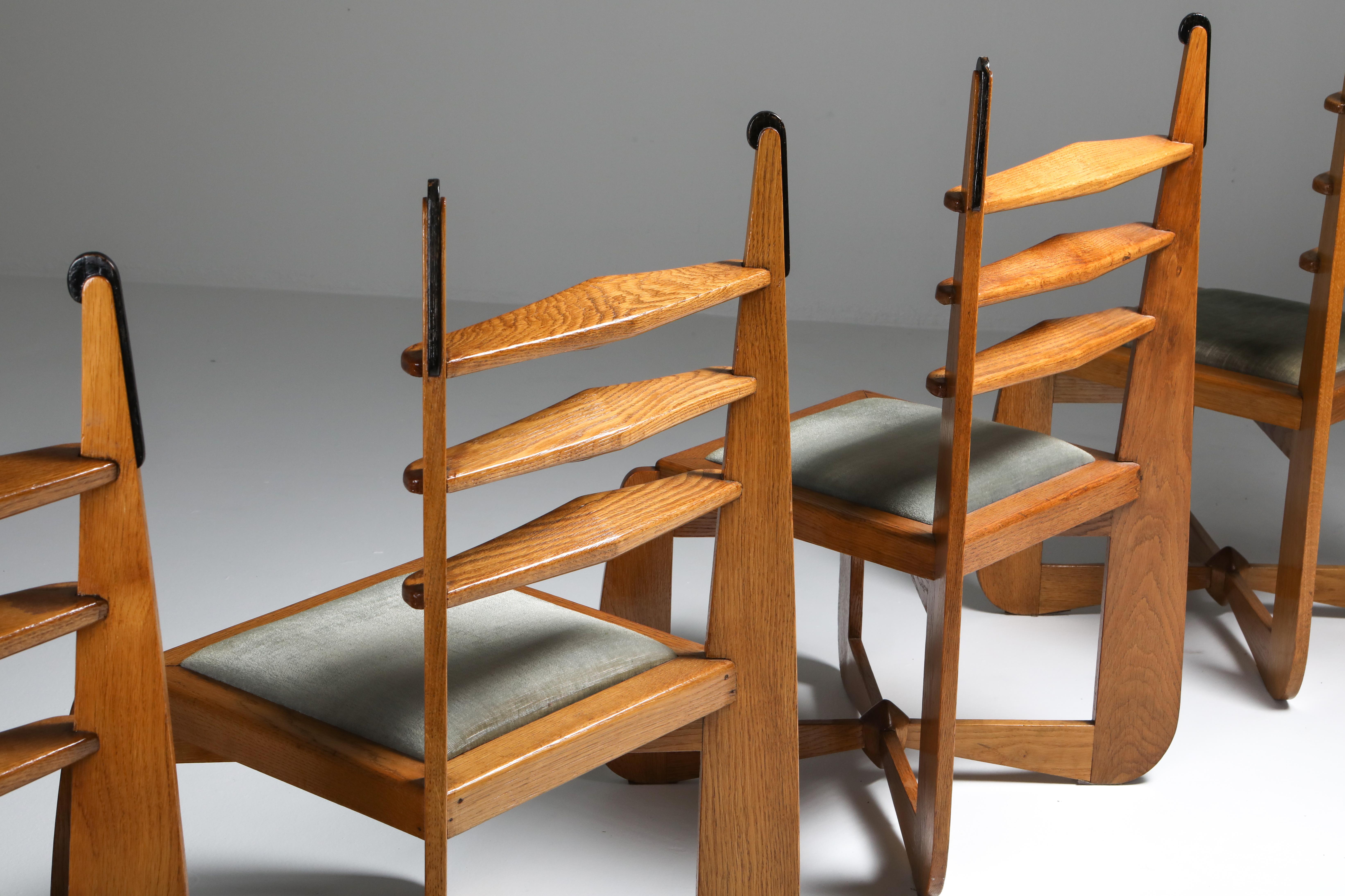 Arts and Crafts Amsterdam School Dutch Art Deco Expressive Chairs in Oak, Set of Six