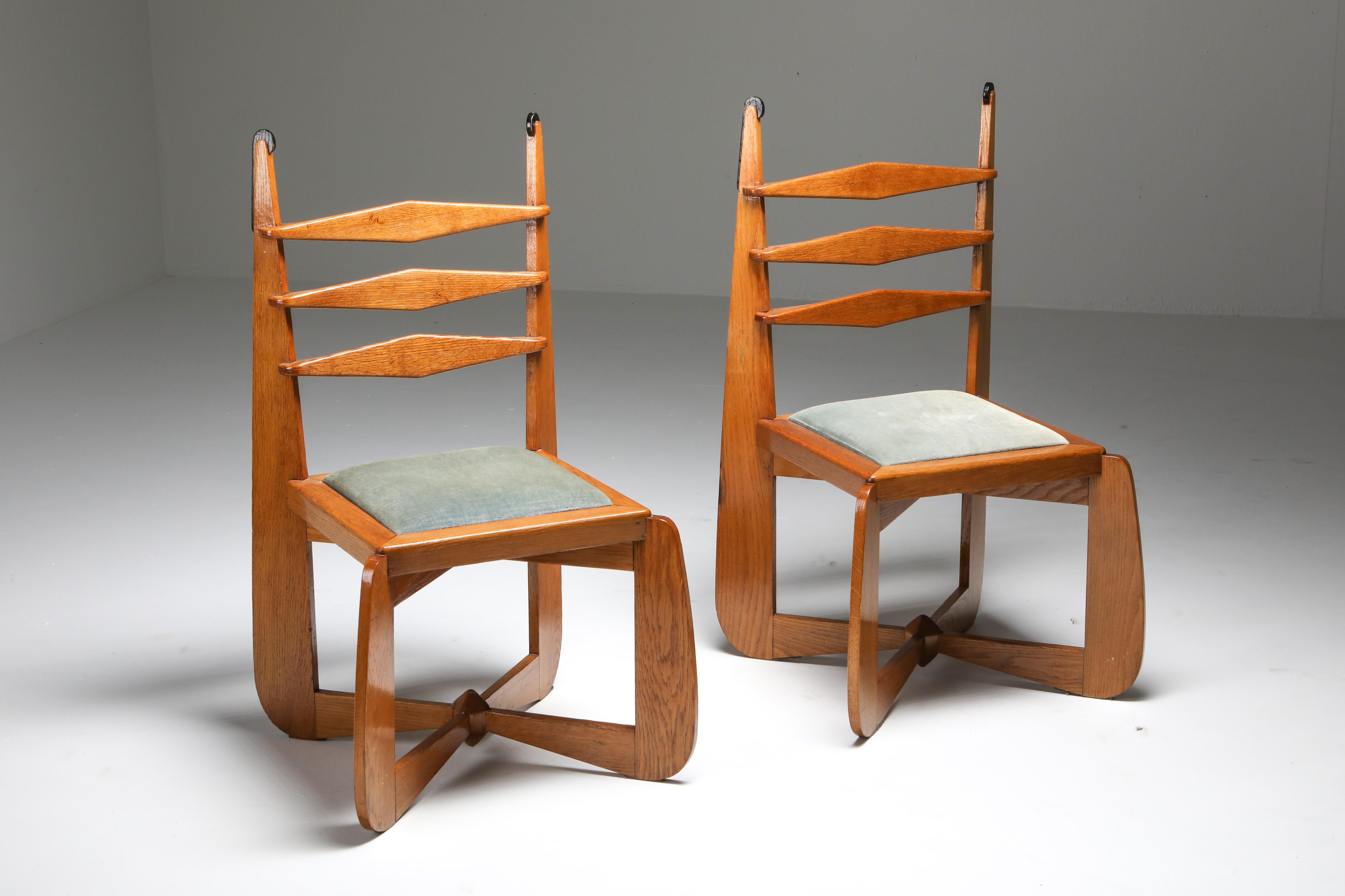 Velvet Amsterdam School Dutch Art Deco Expressive Chairs in Oak, Set of Six