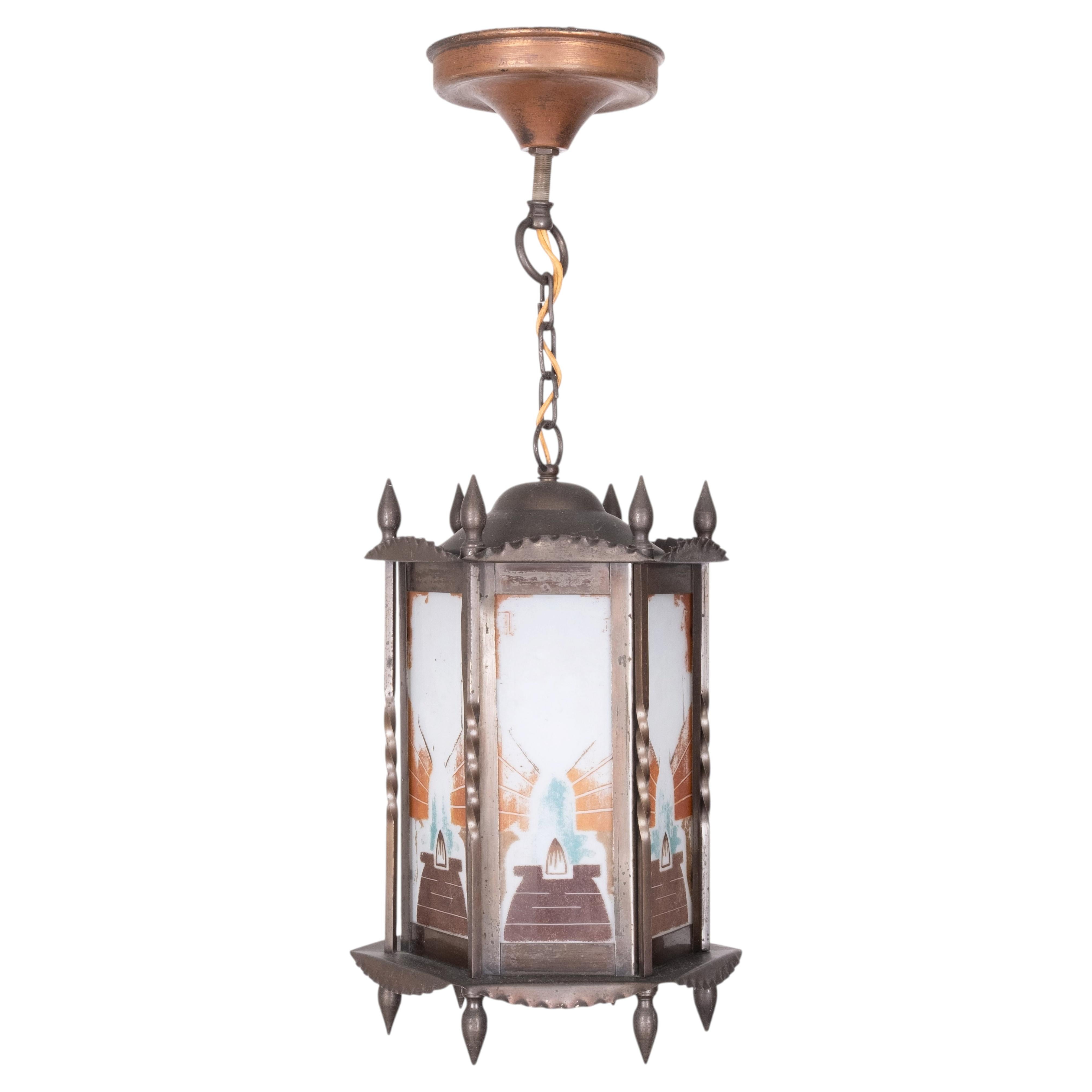 Amsterdam School Hexagonal Art Deco Hallway lamp with painted glass Holland For Sale