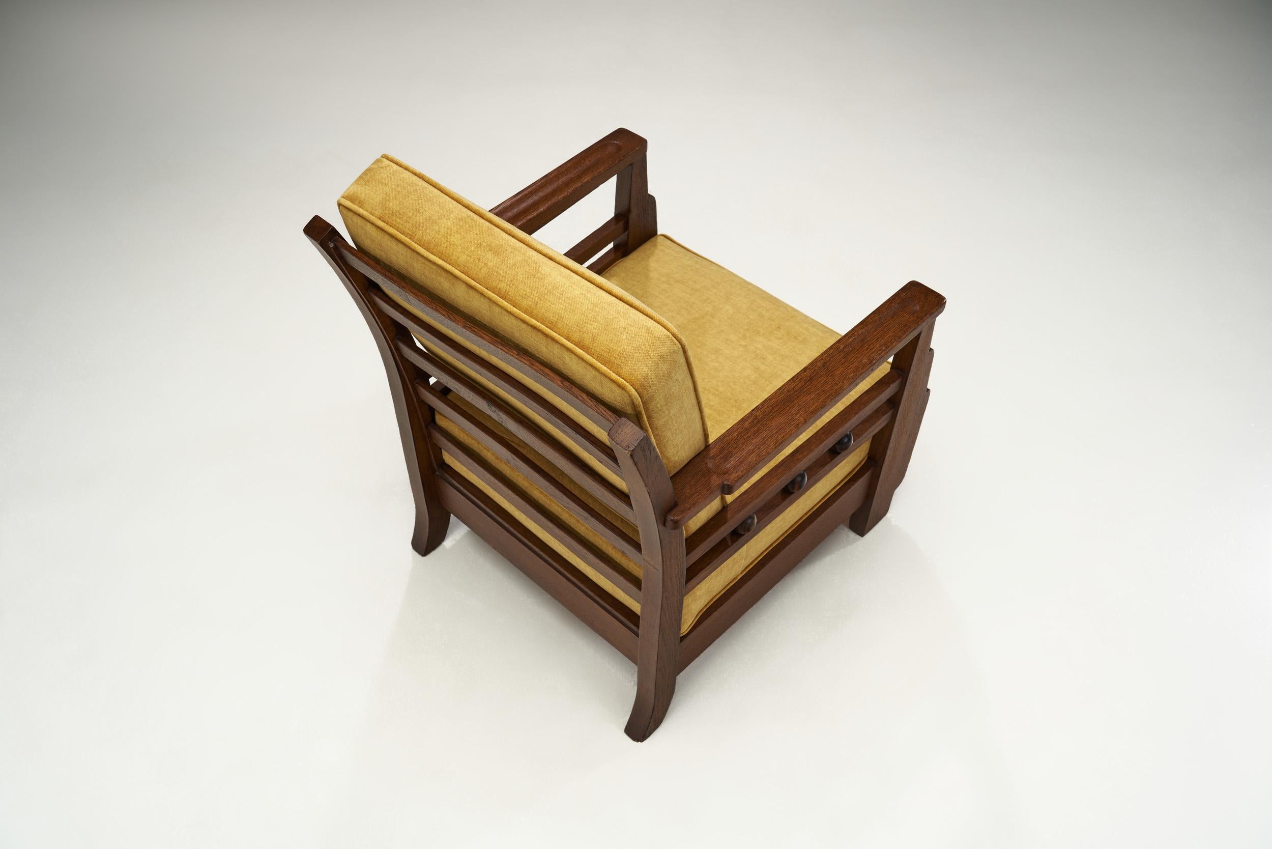 Dutch Amsterdam School Oak Lounge Chair with Upholstered Cushions, Netherlands, 1930s