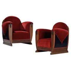 Amsterdam School Pair of Lounge Chairs in Oak and Velvet
