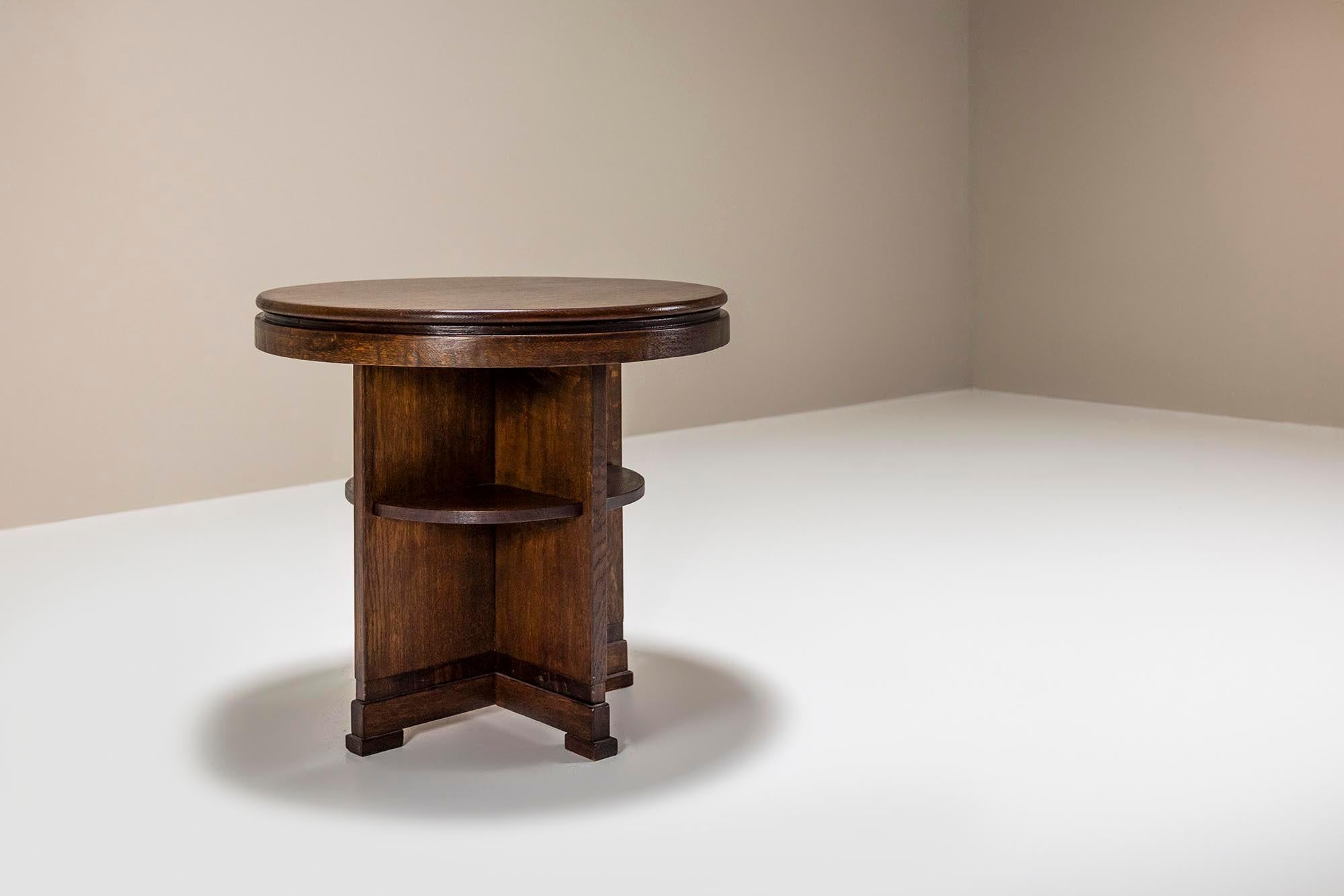 Art Deco Amsterdam School Round Side Table in Dark Oak, The Netherlands 1930s
