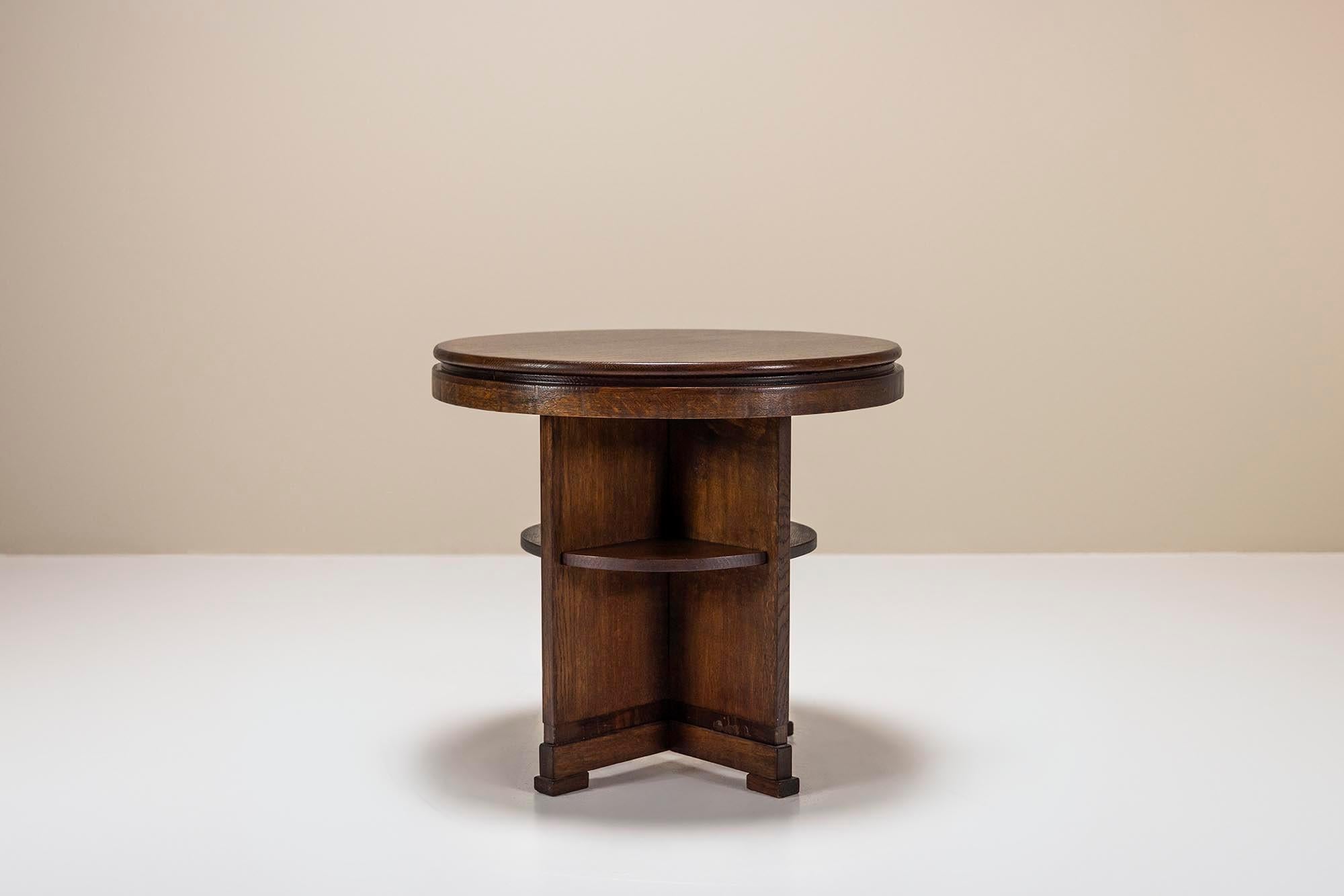 Dutch Amsterdam School Round Side Table in Dark Oak, The Netherlands 1930s