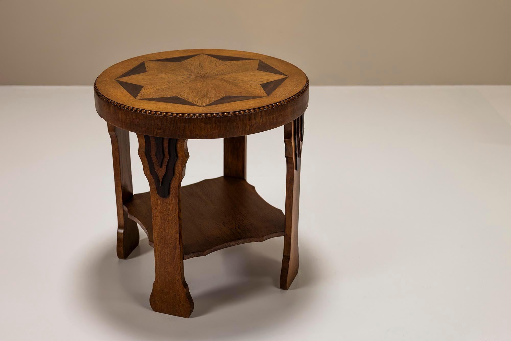 Dutch Amsterdam School Round Side Table in Oak and Ebony, 1930s For Sale