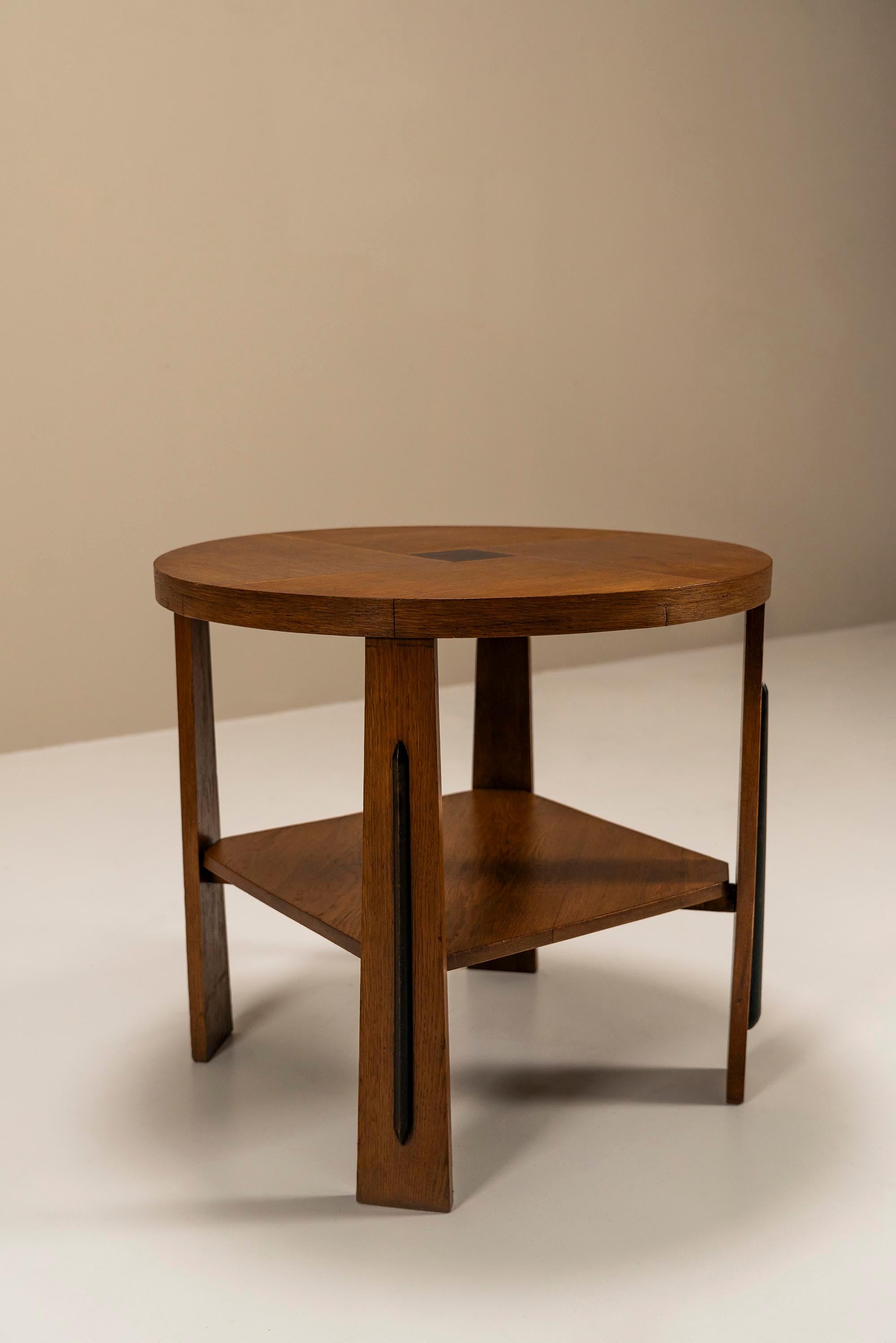 Dutch Amsterdam School Side Table In Oak With Ebony Accent, The Netherlands 1930's