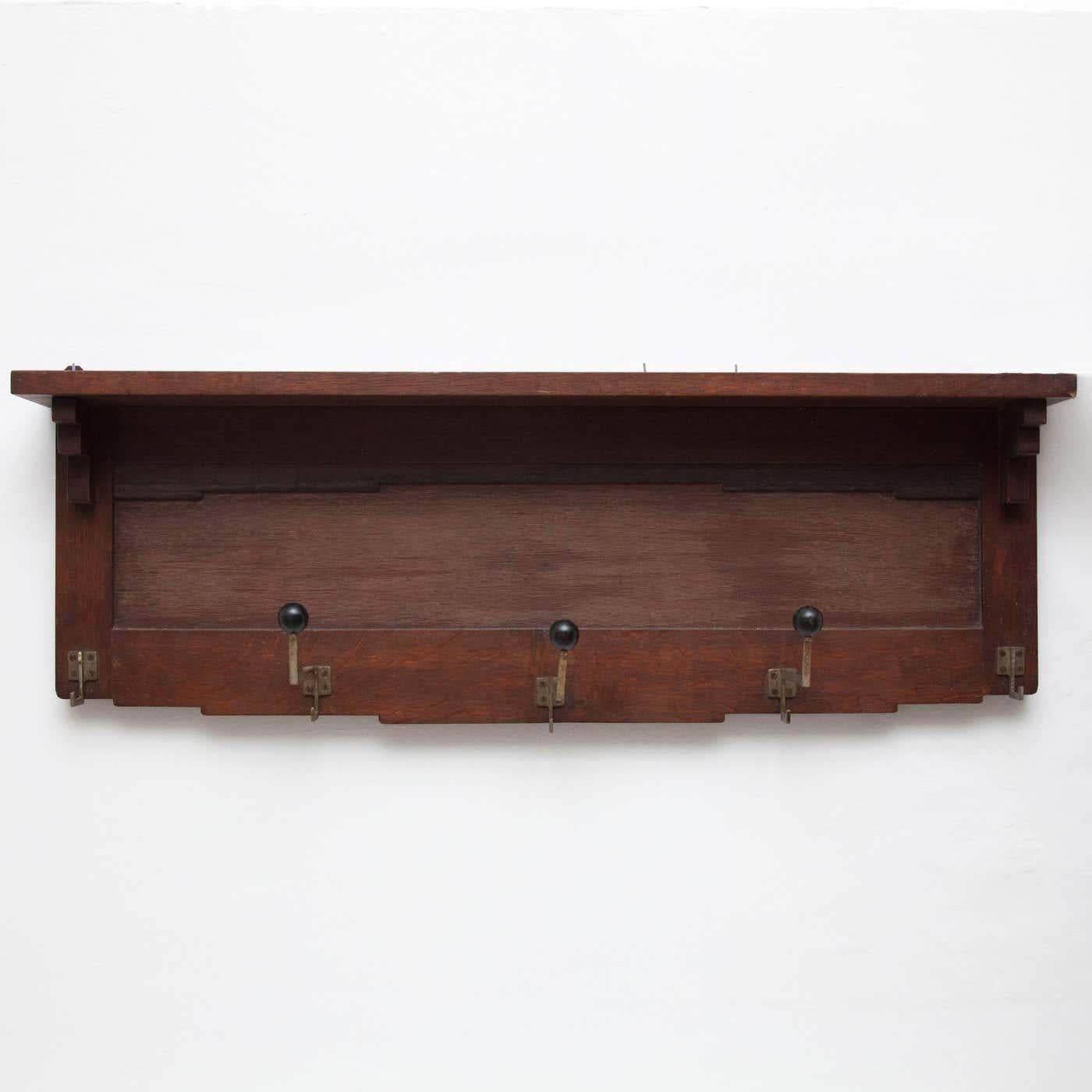 Mid-Century Modern Amsterdam School Style Coat Rack Wood and Metal Hooks, circa 1940 For Sale