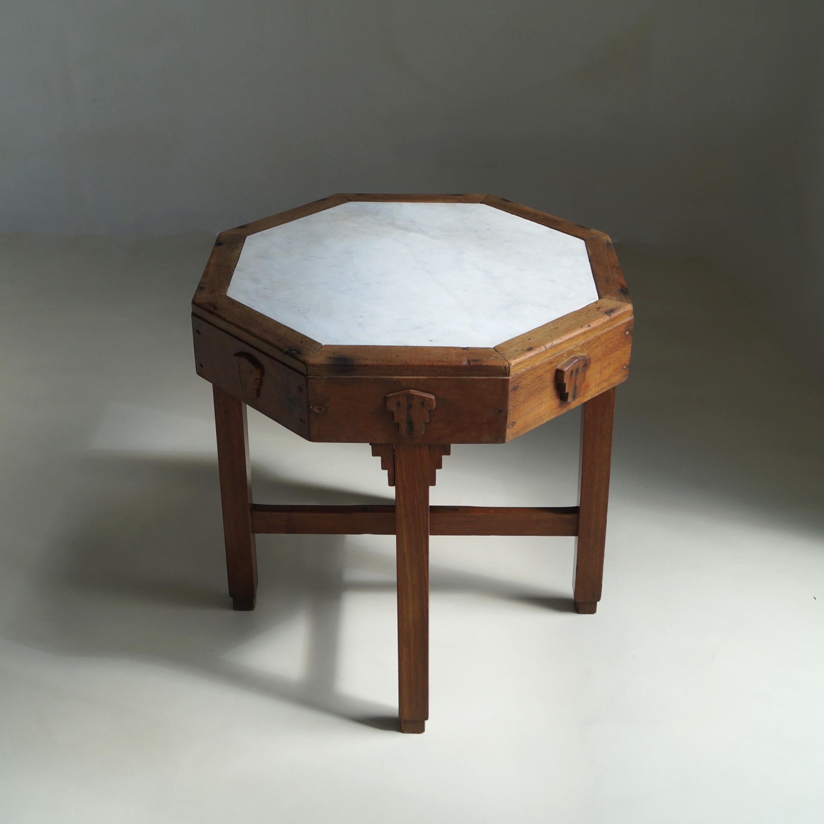 Hand-Crafted Amsterdam School Table with Marble Inlay, Dutch-Indonesian Art Deco, 1920s–30s For Sale