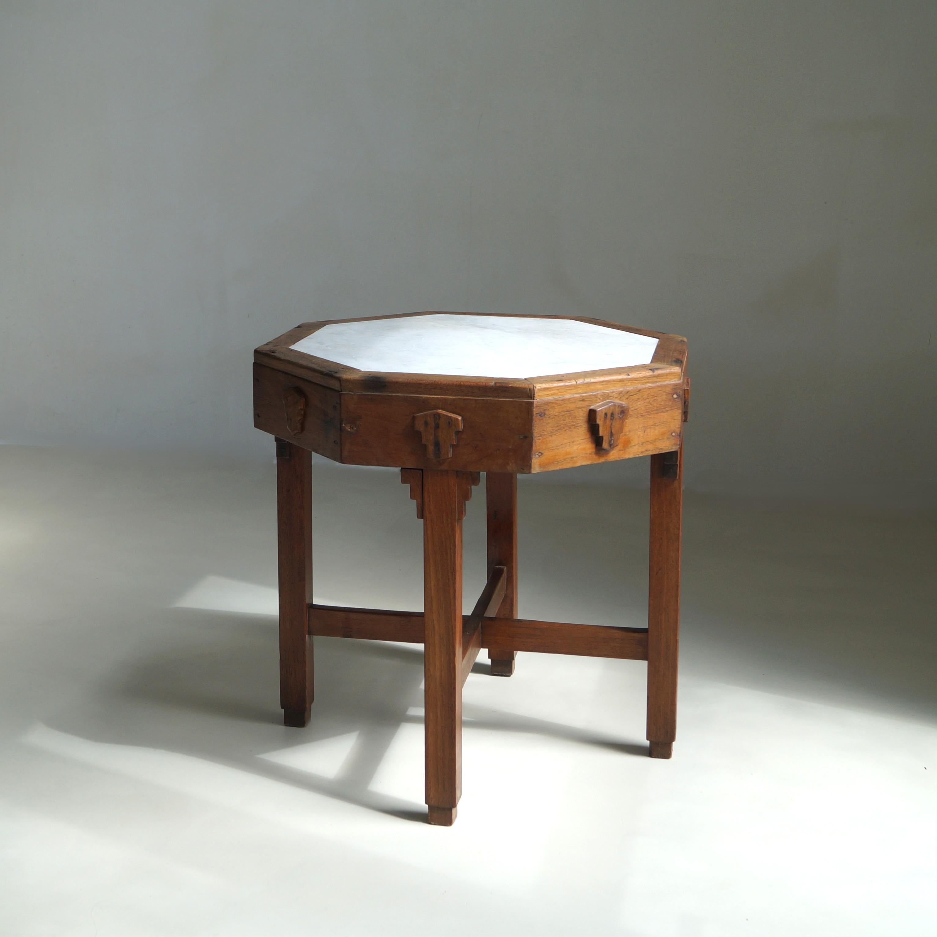 Early 20th Century Amsterdam School Table with Marble Inlay, Dutch-Indonesian Art Deco, 1920s–30s For Sale