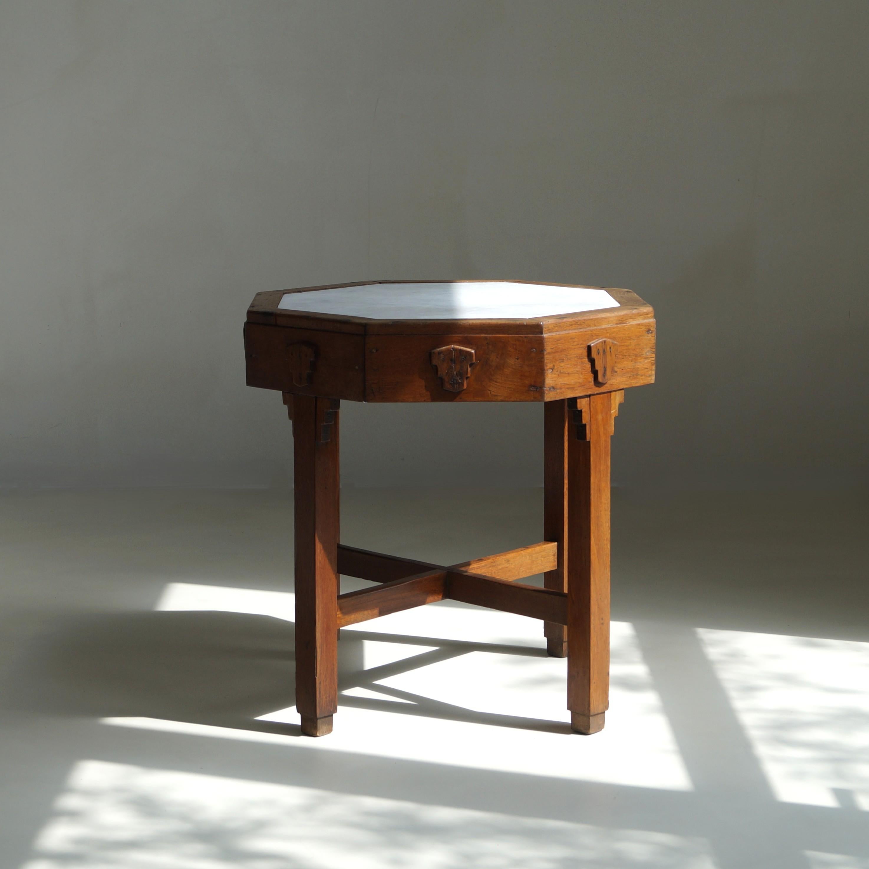 Oak Amsterdam School Table with Marble Inlay, Dutch-Indonesian Art Deco, 1920s–30s For Sale